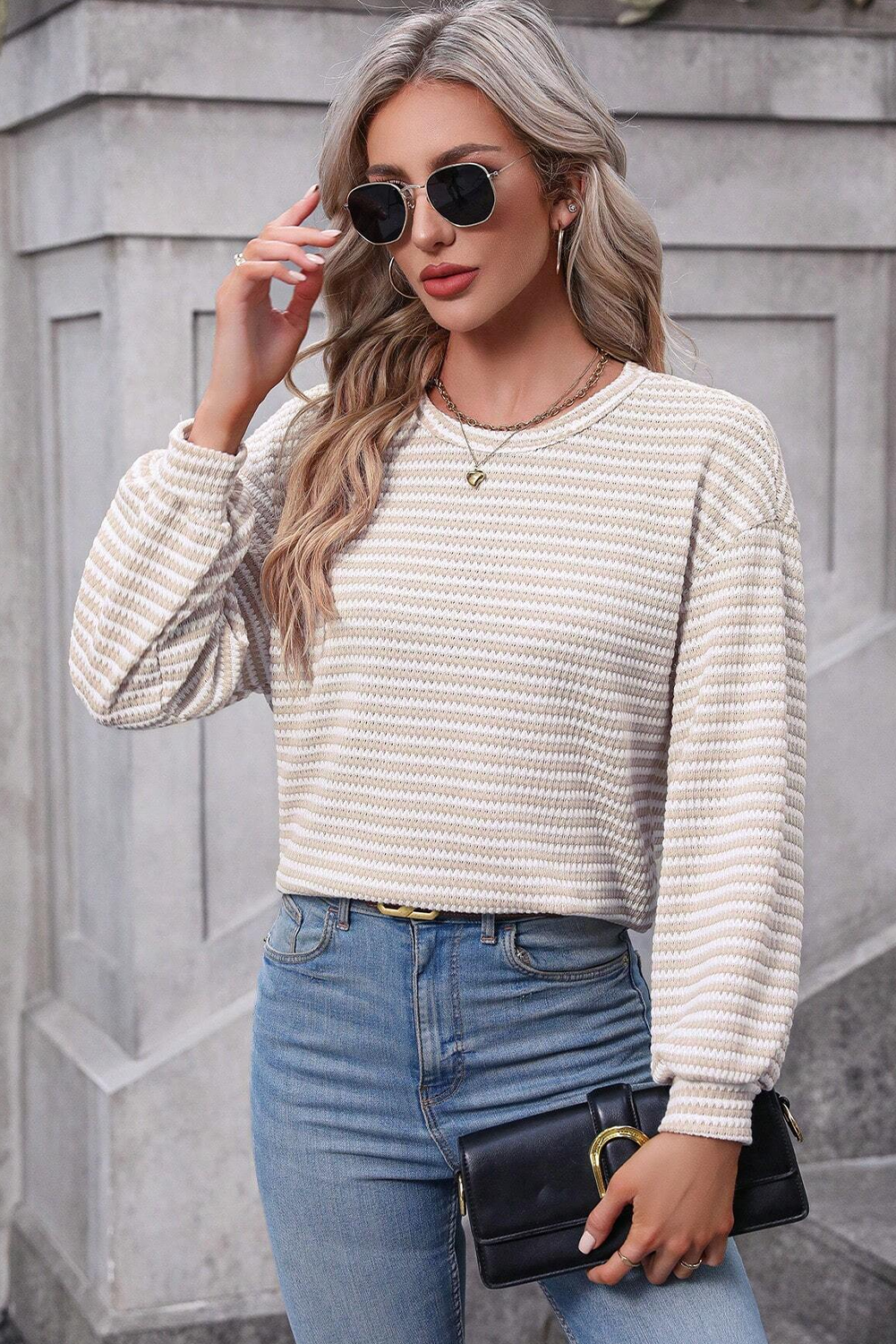 Black Stripe Round Neck Drop Shoulder Long Sleeve Top - loveforevers