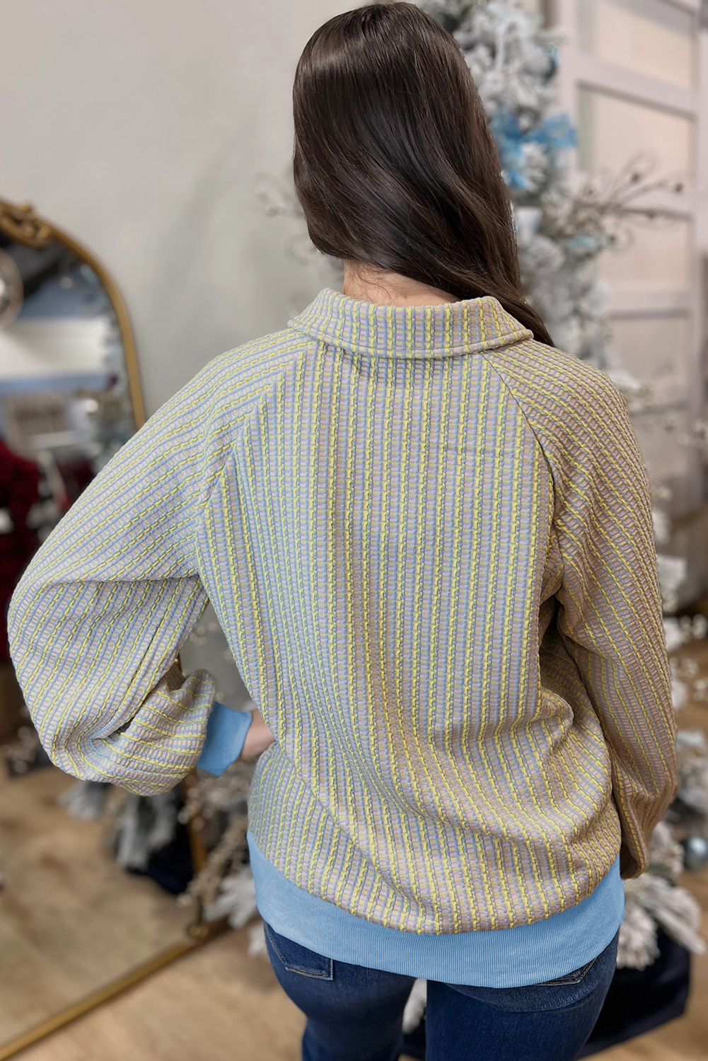 Beau Blue Button Front Jacquard Henley Sweatshirt - loveforevers