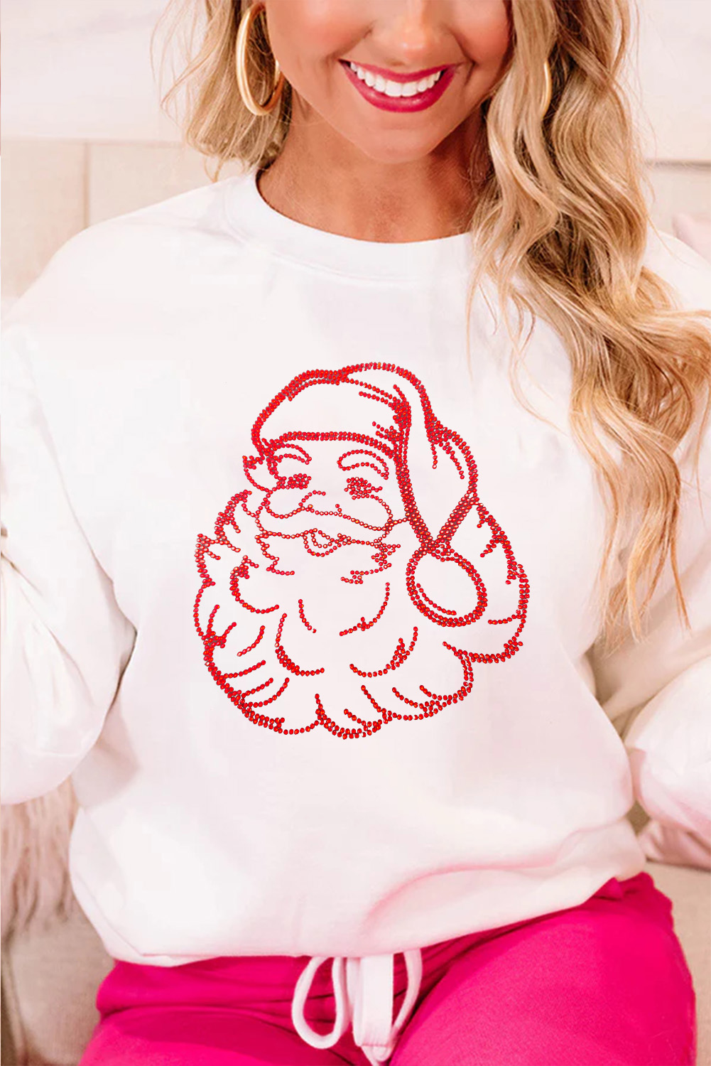 White Father Christmas Rhinestone Graphic Drop Shoulder Sweatshirt - loveforevers