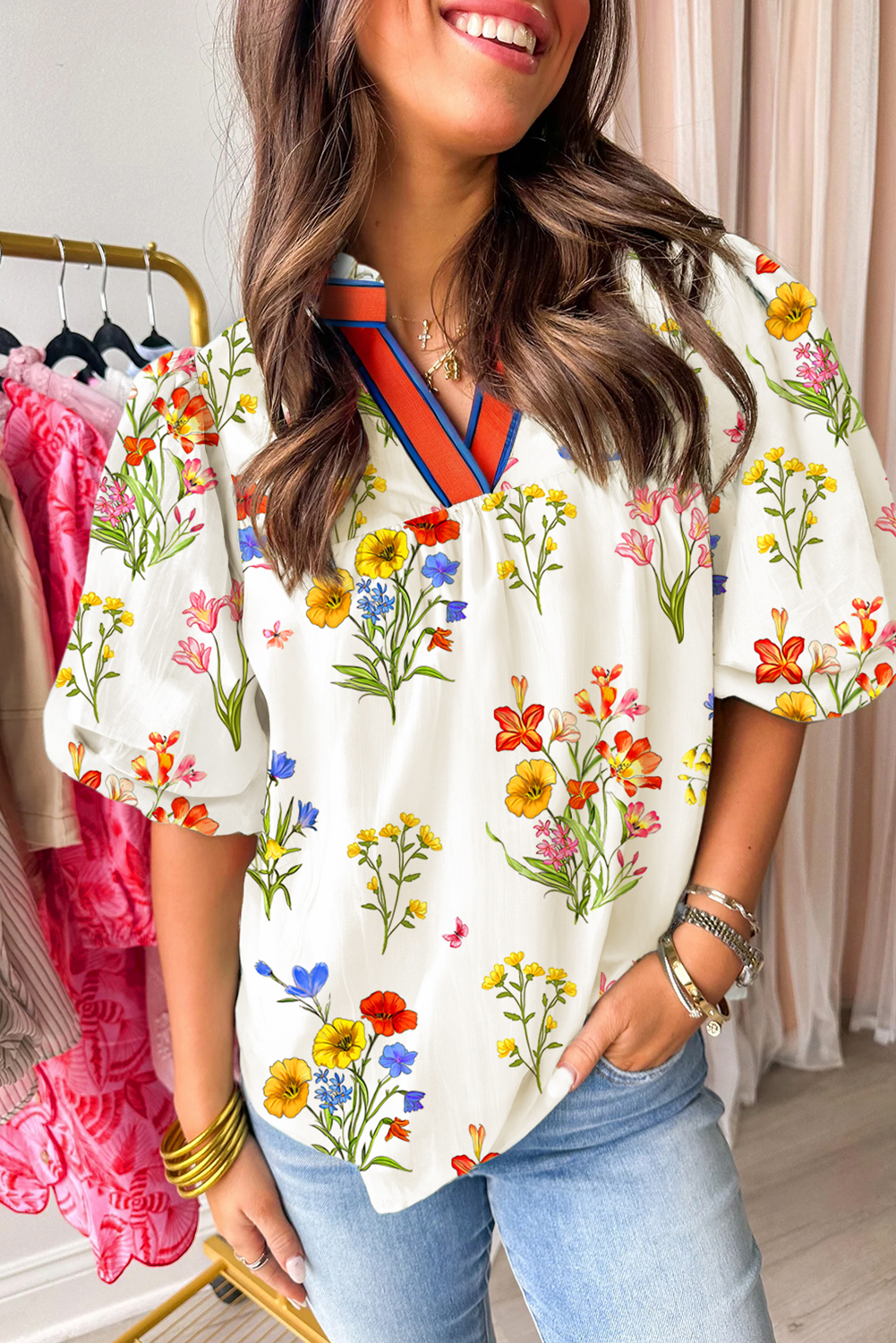 White Floral Short Puff Sleeve Contrast V Neck Print Blouse - loveforevers