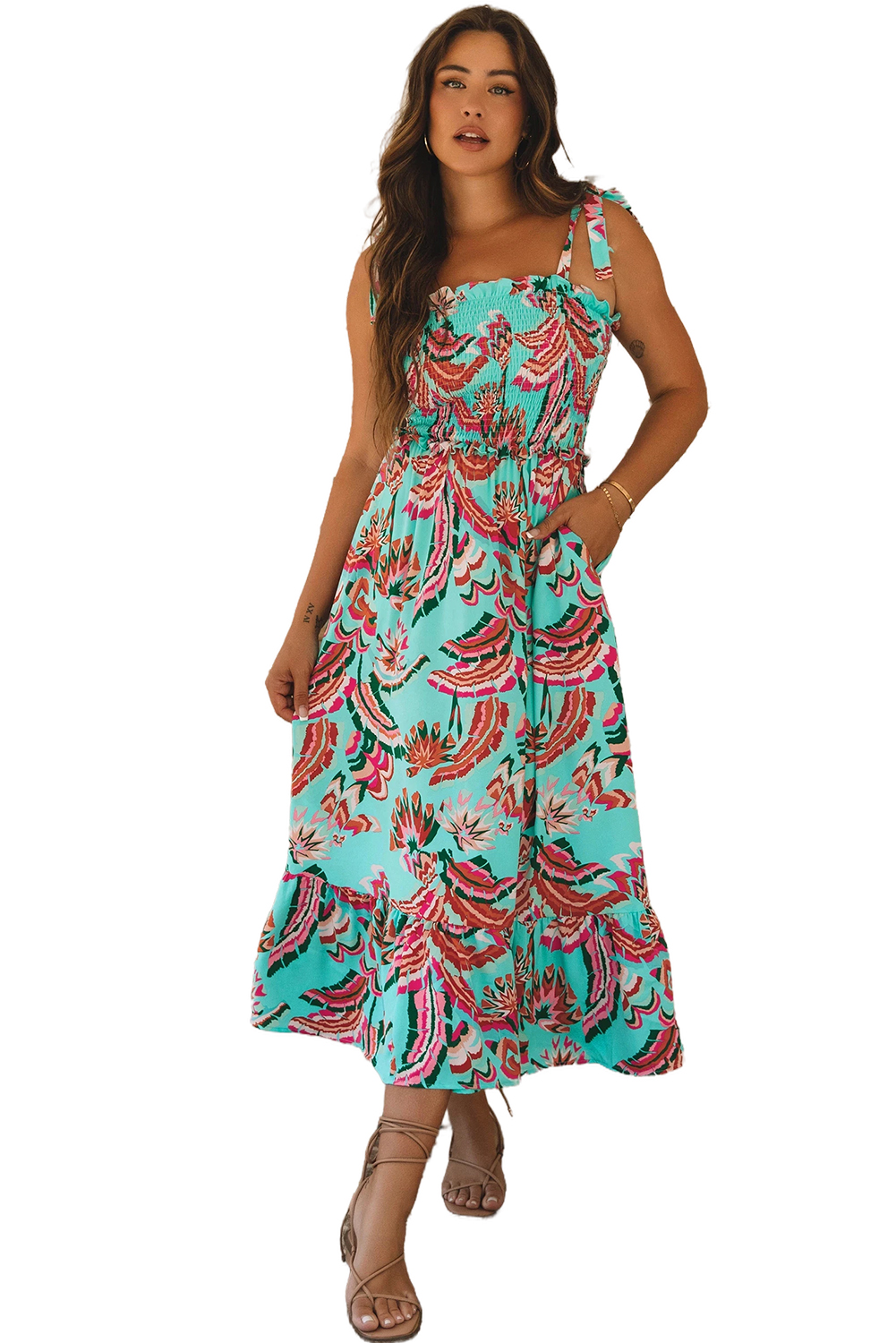 Green Abstract Print Smocked Bodice Knotted Straps Ruffled Maxi Dress - loveforevers