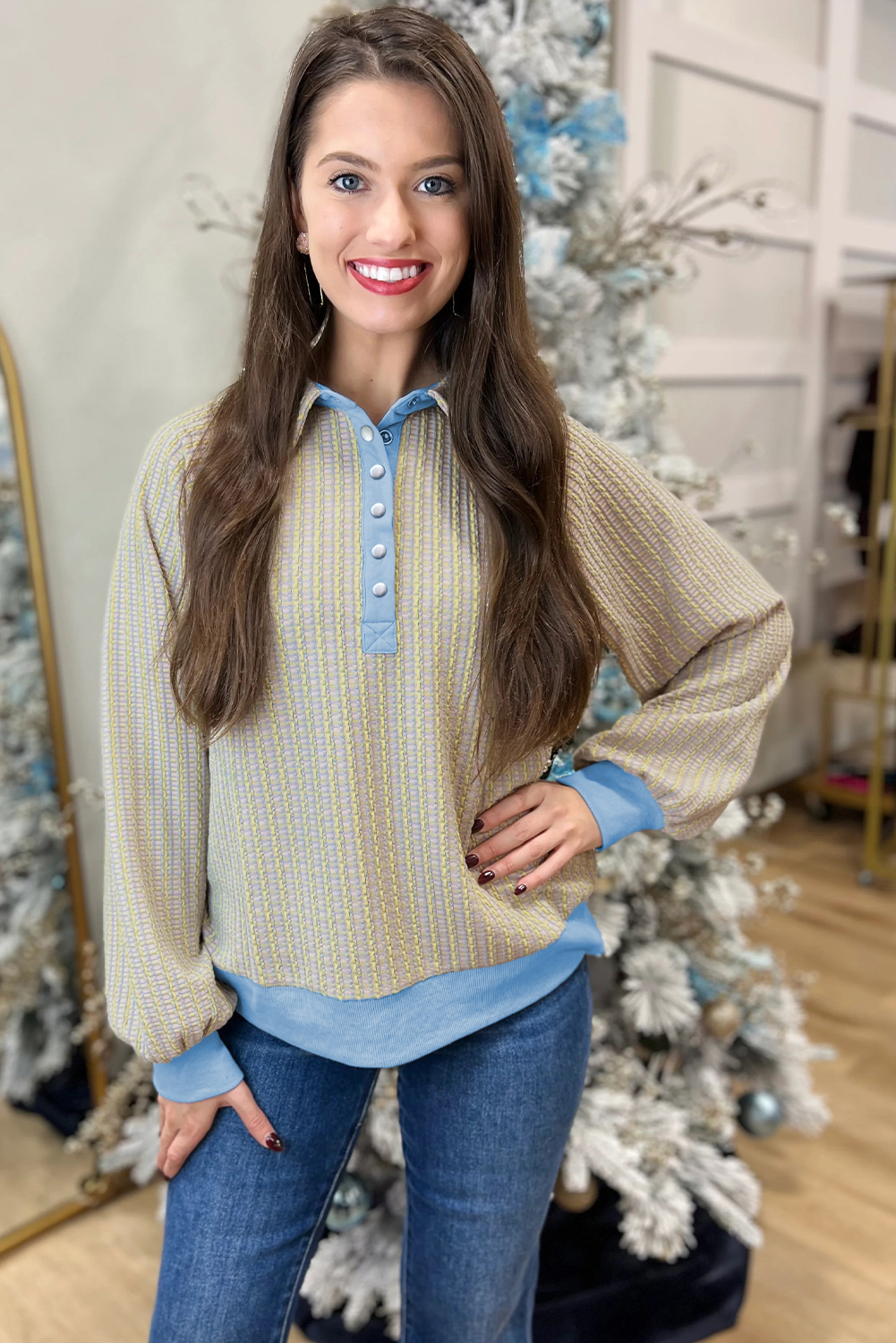 Beau Blue Button Front Jacquard Henley Sweatshirt - loveforevers