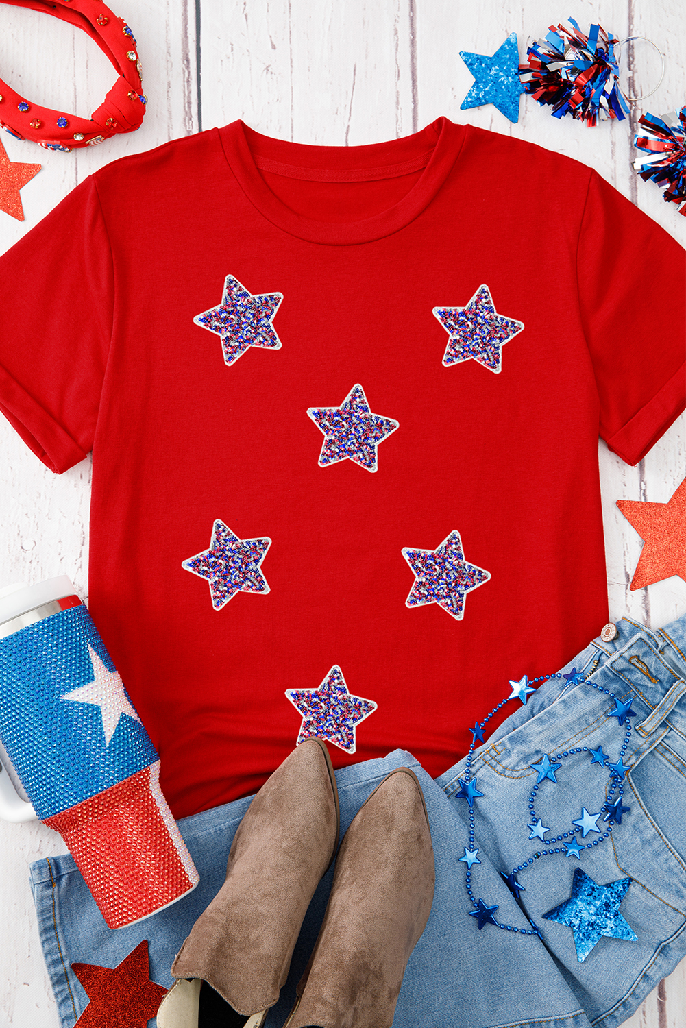 Red July 4th Fashion Sequin Star Graphic T Shirt - loveforevers