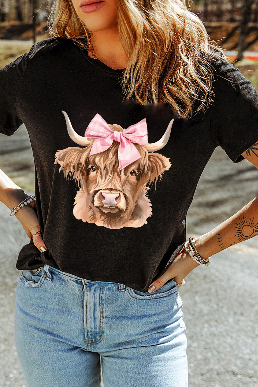 Black Bow Cow Head Graphic Western Fashion T Shirt - loveforevers
