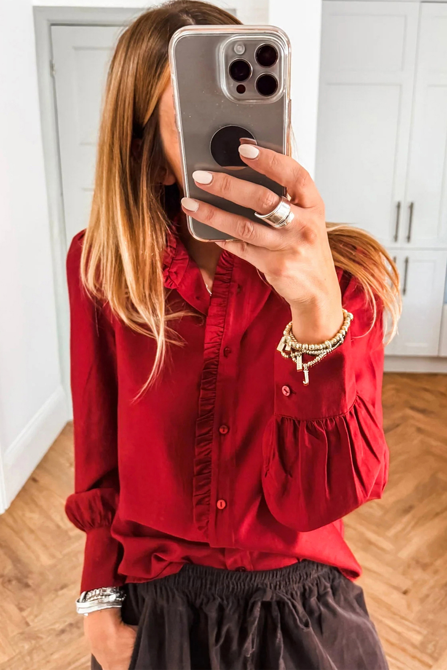 Fiery Red Frilled Trim Button Up Pleated Long Sleeve Shirt - loveforevers
