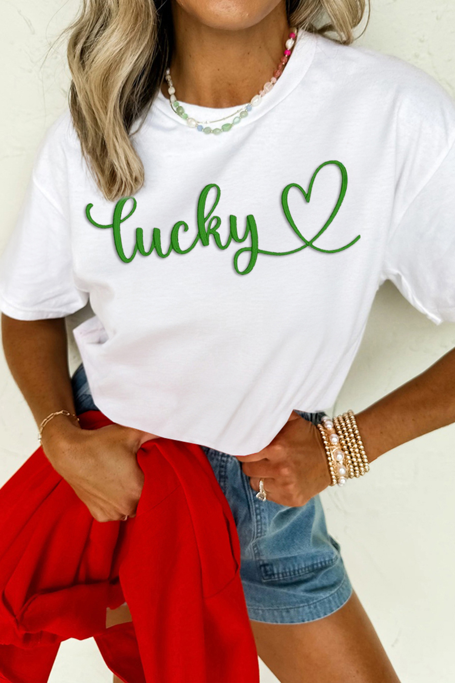 White lucky Heart Embroidered Graphic Casual Tee - loveforevers
