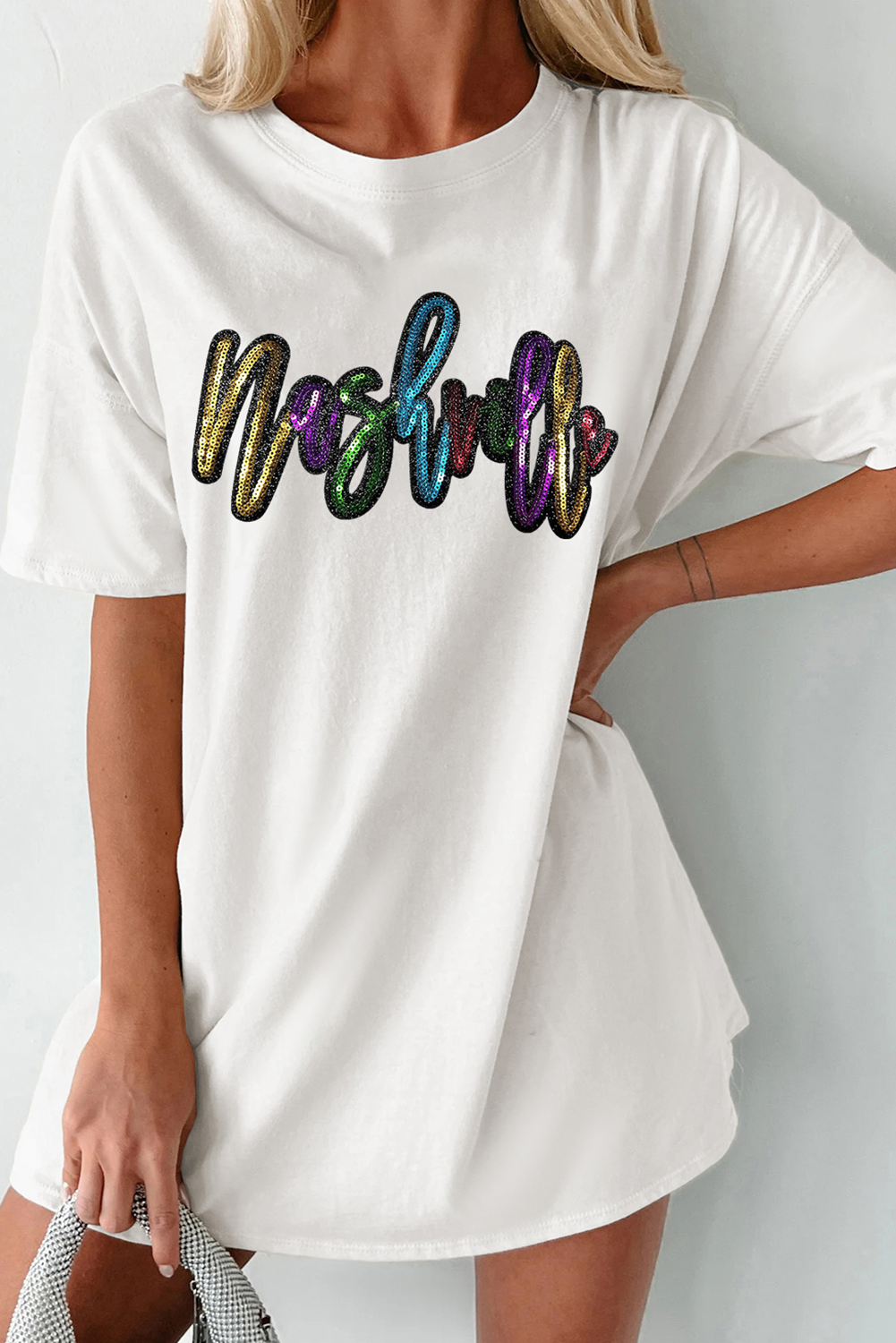 White Colorful Sequin nashville Letter Graphic Tunic Tee - loveforevers