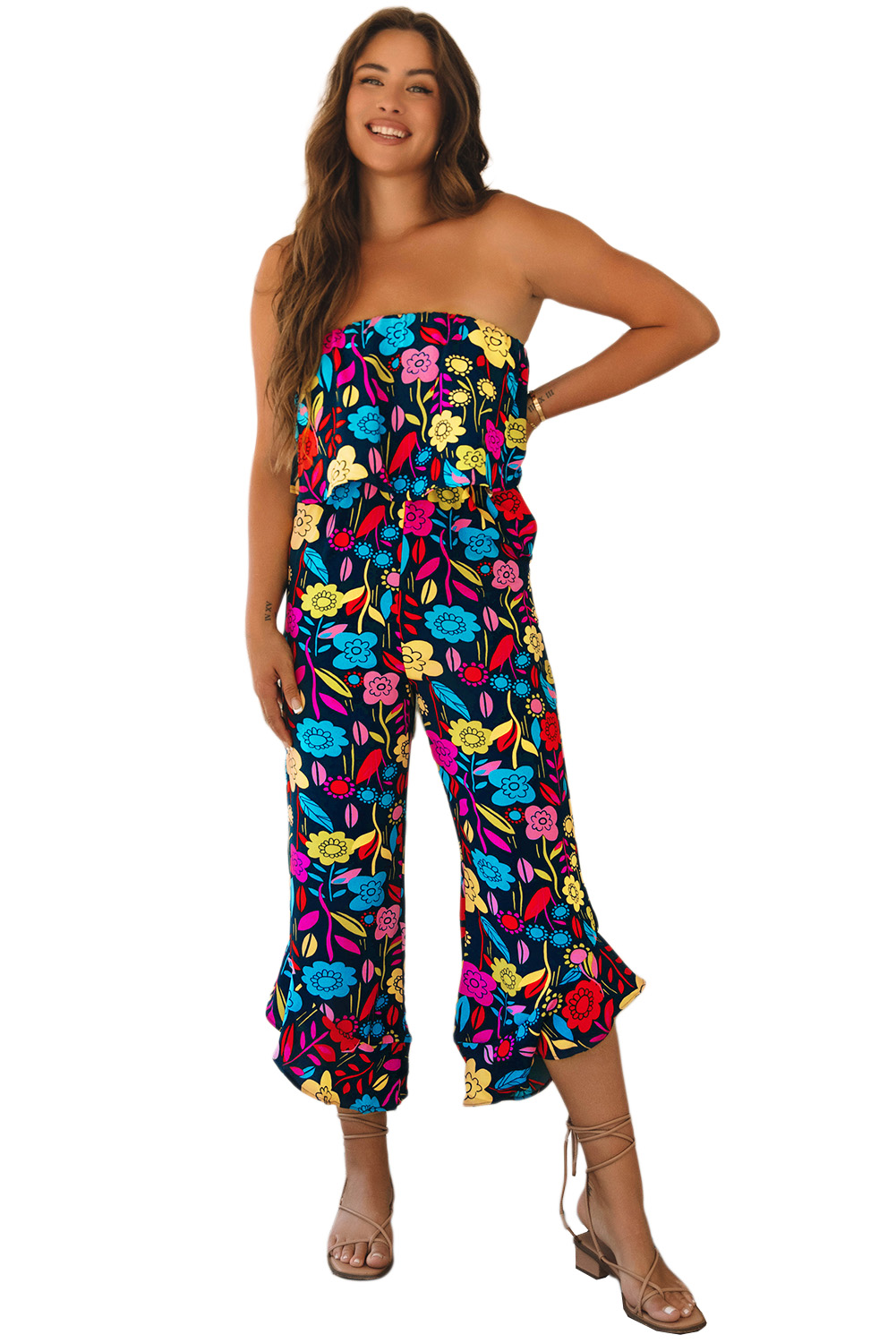 Red Mix Tropical Print Strapless Ruffled Jumpsuit - loveforevers