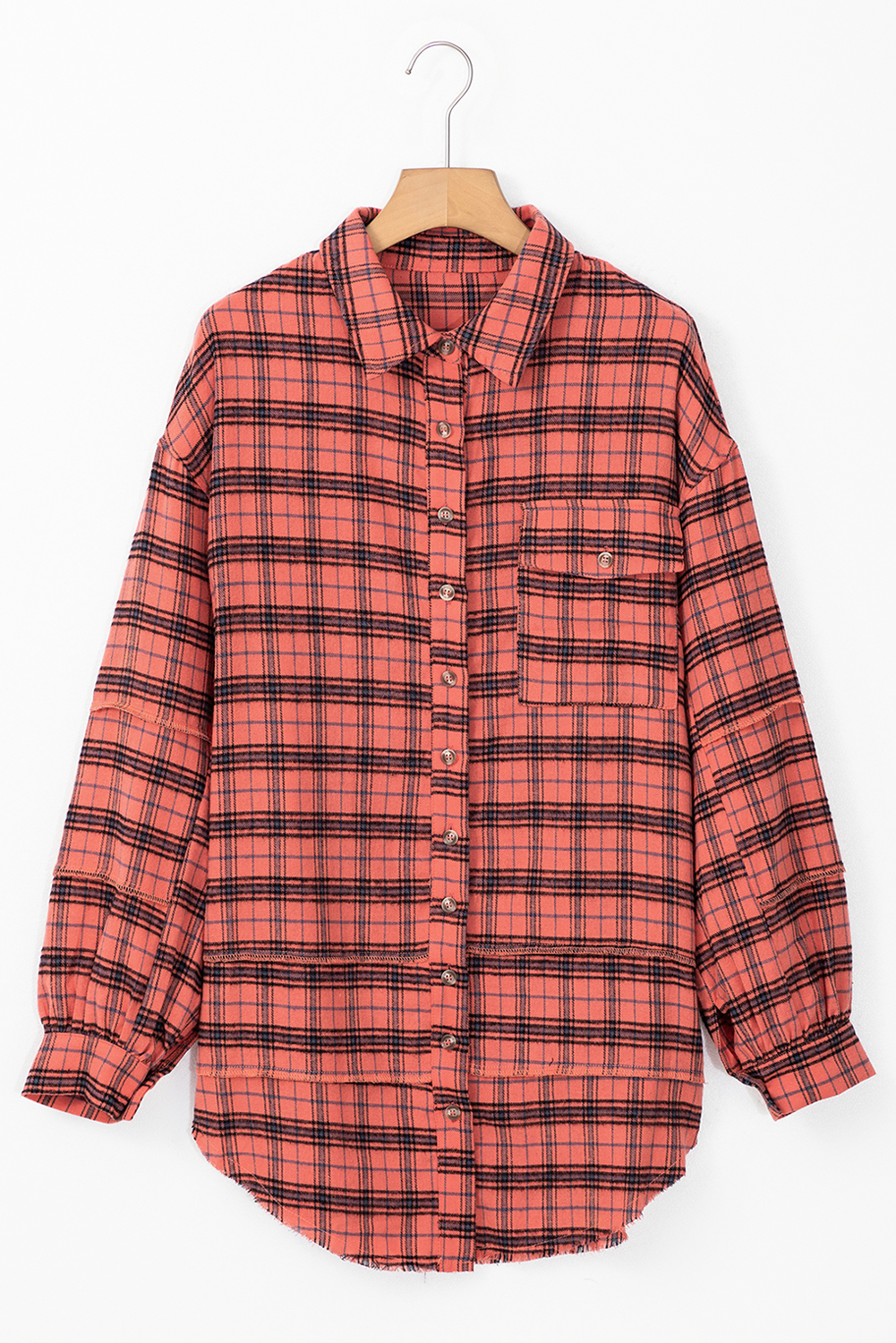 Red Plaid Long Sleeeve Side Split Distressed Hem Shirt - loveforevers