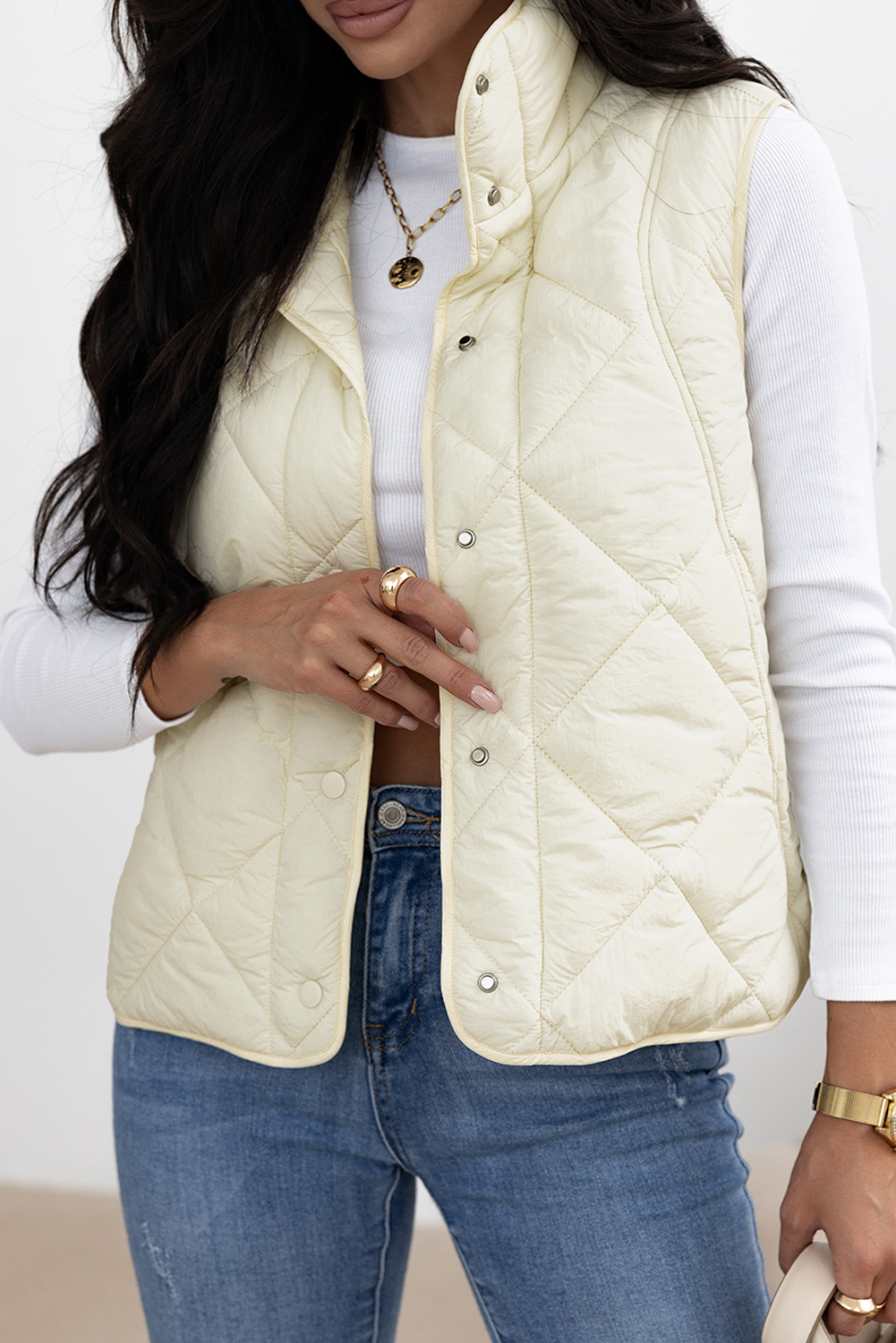 Beige Quilted High Neck Button Up Pocket Vest Coat - loveforevers