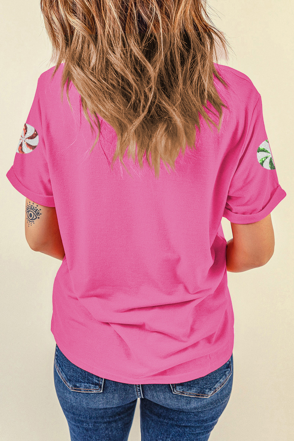 Sachet Pink Sequined Peppermint Pattern Christmas Custom T Shirt - loveforevers