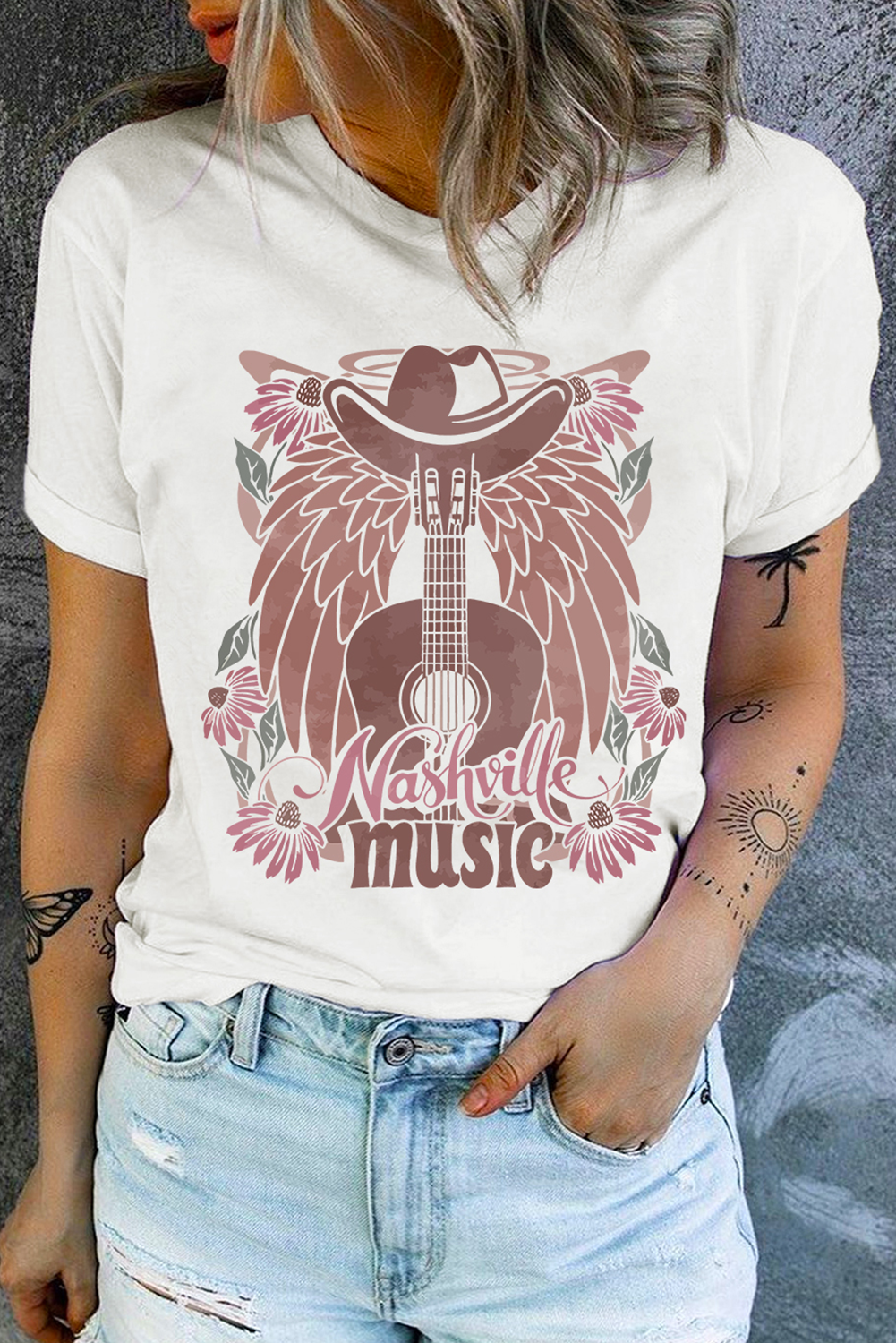 White Nashville Music Cowboy Hat Guitar Graphic Tee - loveforevers