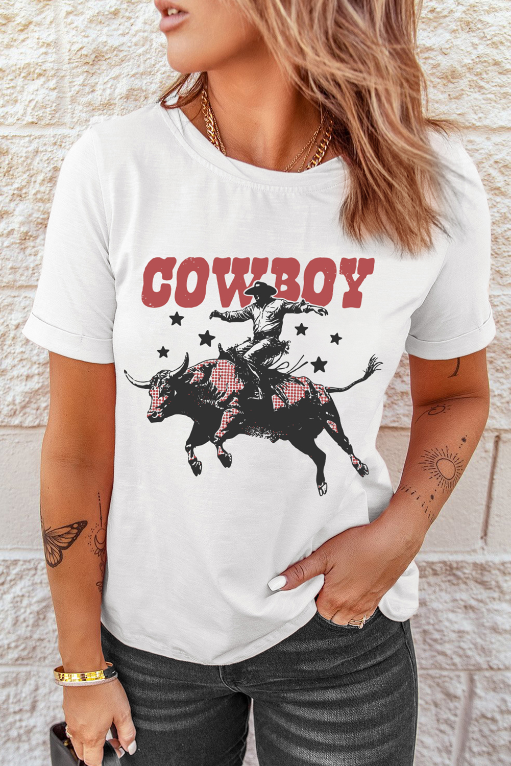White COWBOY Star Graphic Crewneck Western Fashion Tee - loveforevers