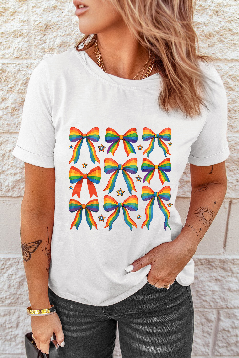 White Pride Bow Starry Print Cotton Blend T Shirt - loveforevers