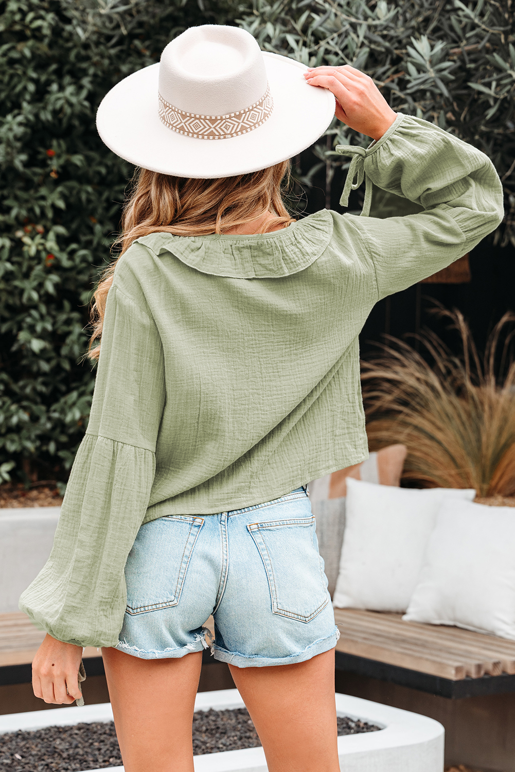 Meadow Mist Green Bow Tie Front Ruffle Trim V Neck Long Sleeve Gauze Blouse - loveforevers