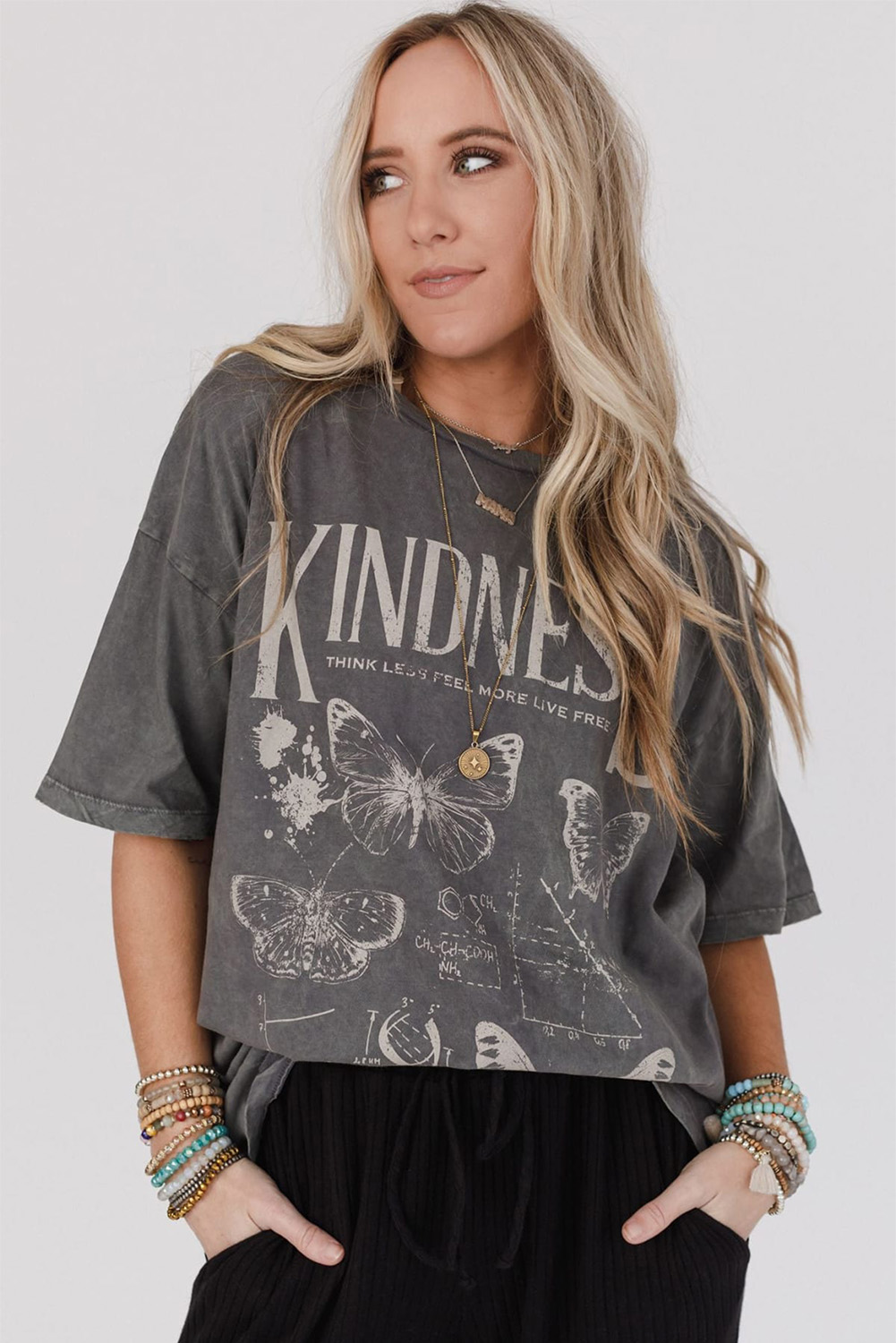 Dark Grey Kindness Butterflies Graphic Mineral Wash Loose Tee - loveforevers