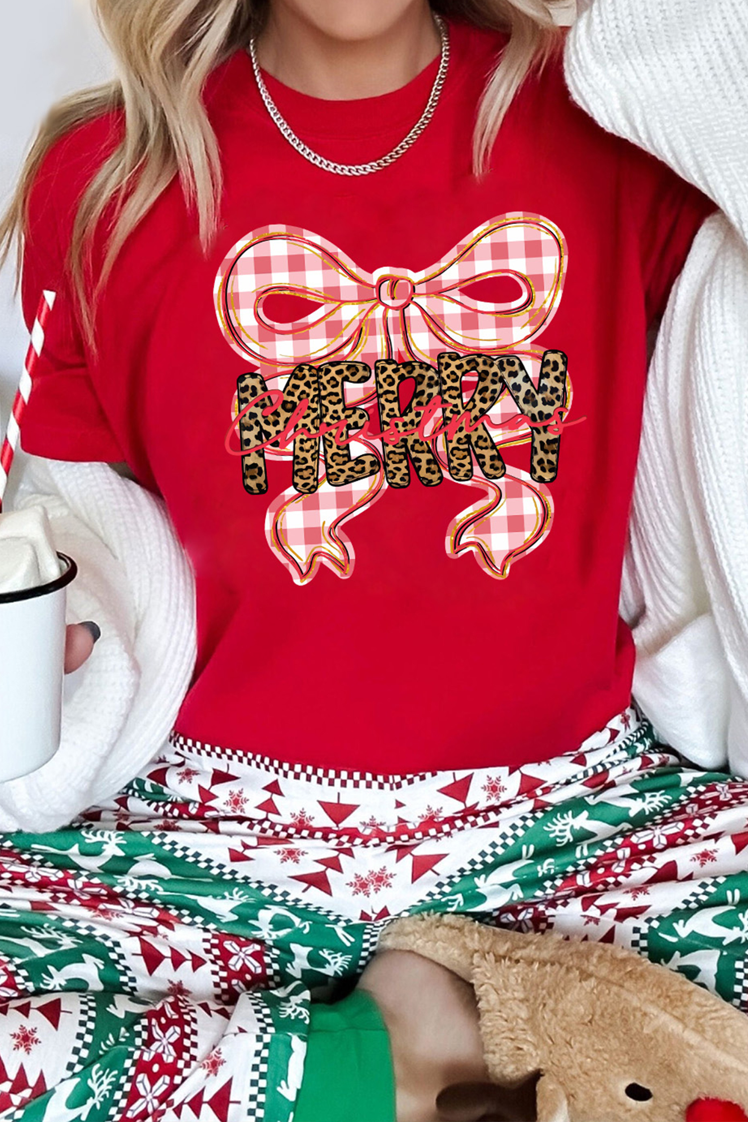 Red Leopard Merry Christmas Plaid Bow Graphic Holiday T Shirt - loveforevers