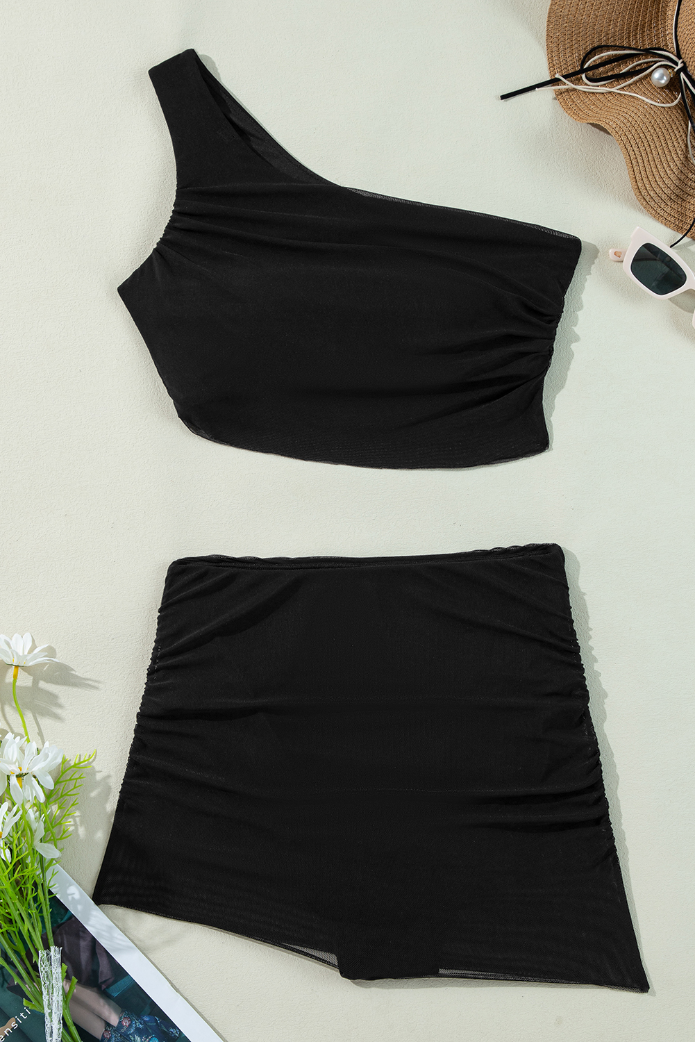 Black Pleated Mesh One Shoulder Bikini Top and Skirts Set - loveforevers