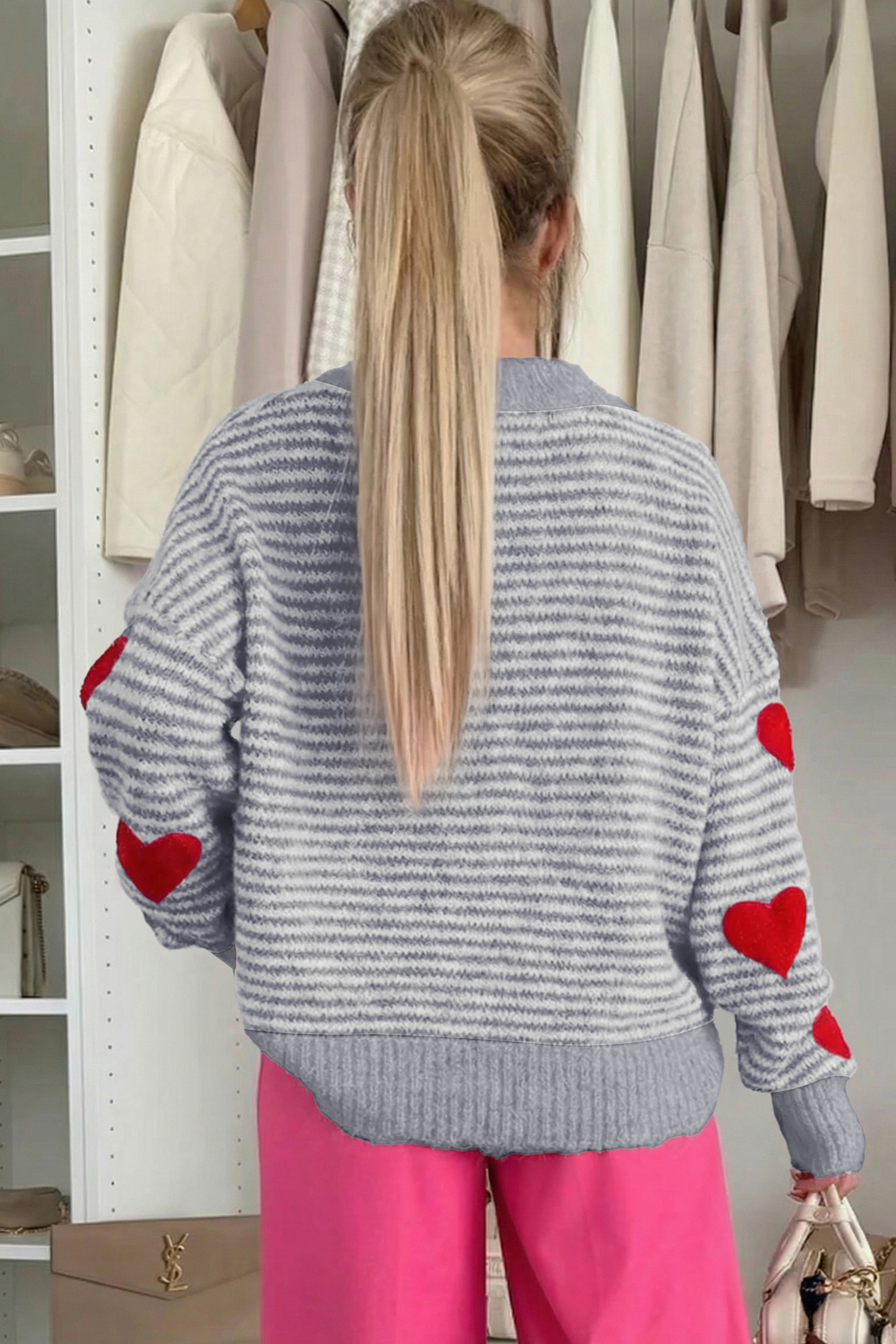 Gray Stripe Contrast Heart Pattern Valentine Knit Sweater - loveforevers