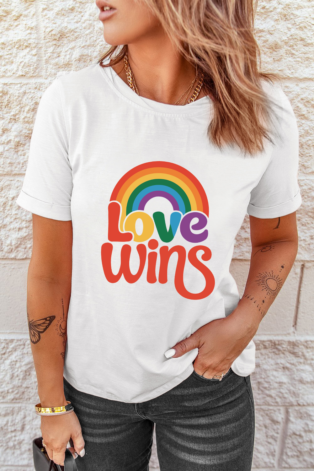 White Love Wins Pride Rainbow Graphic Casual T Shirt - loveforevers