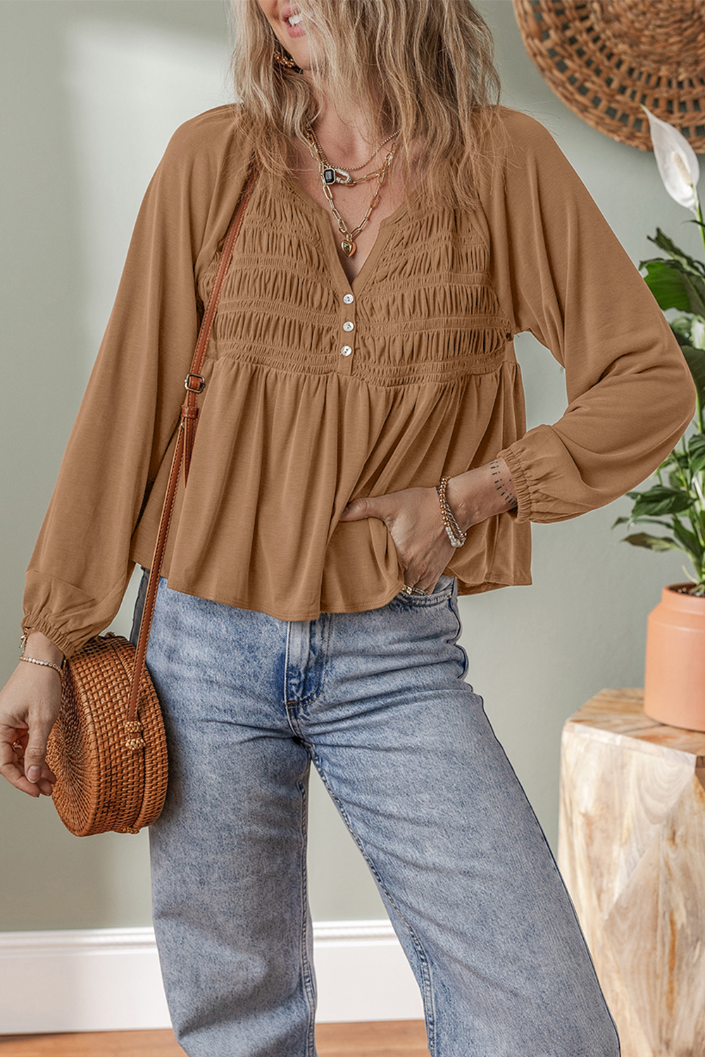 Black Smocked Bust Buttoned Split V Neck Flow Fit Blouse - loveforevers