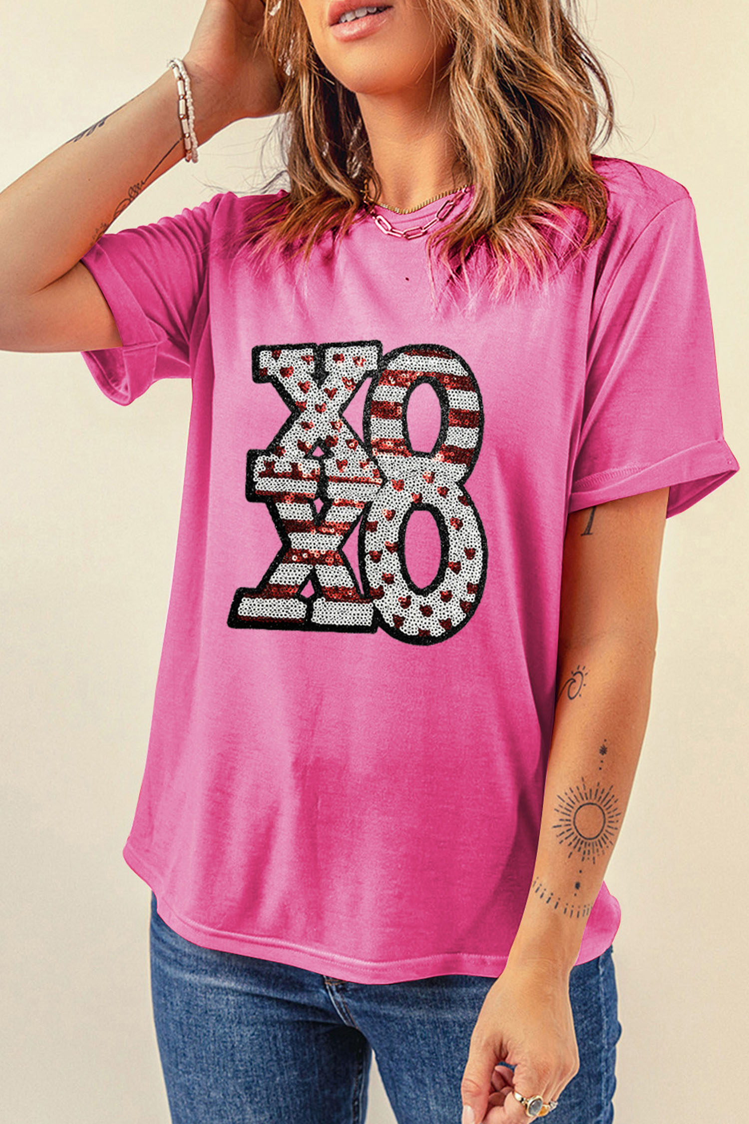 Sachet Pink Sequined XOXO Graphic Valentine T Shirt - loveforevers