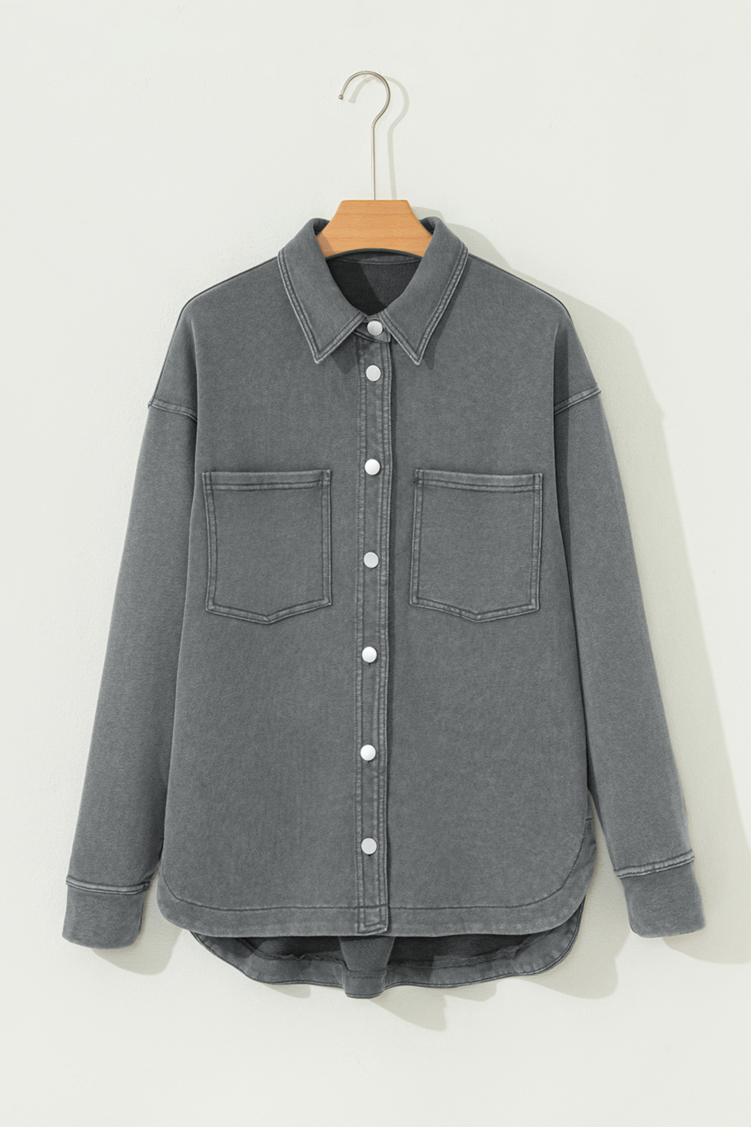 Medium Grey Mineral Wash Chest Pockets Drop Shoulder Shacket with Side Slit - loveforevers
