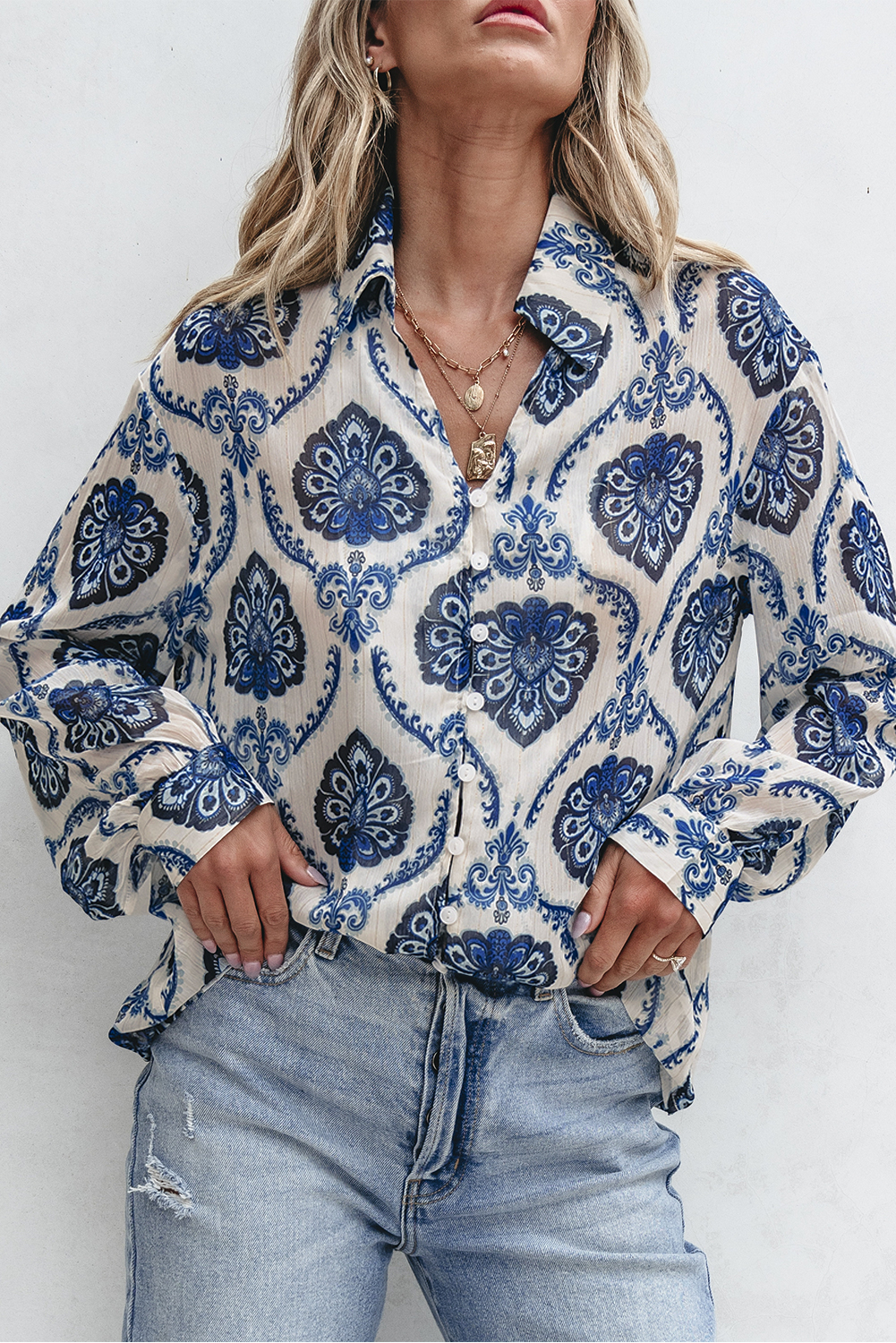 Blue Tribal Pattern Buttoned Front Loose Shirt - loveforevers