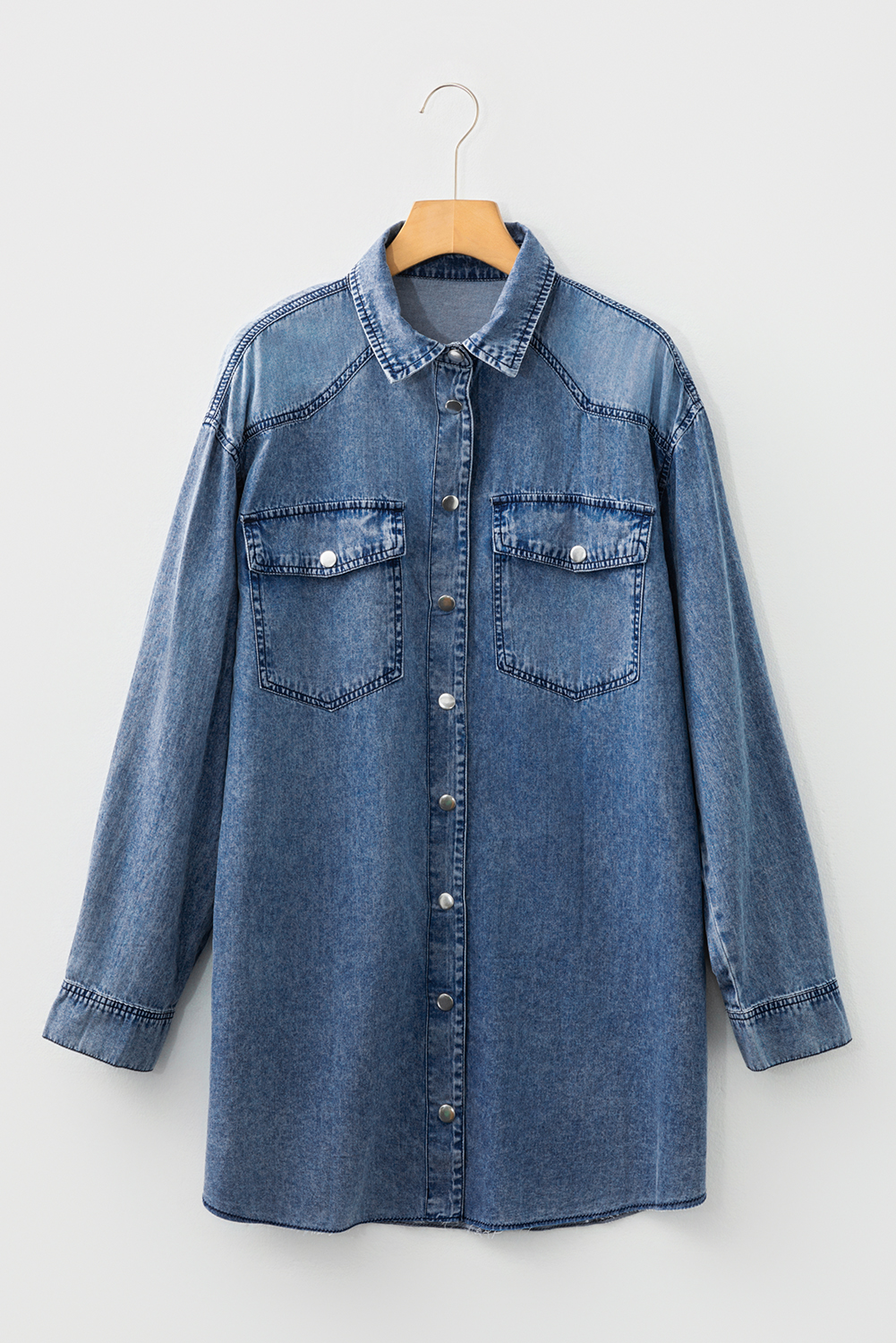Blue Beau Chest Pocket Raw Hem Denim Loose Shirt Dress - loveforevers