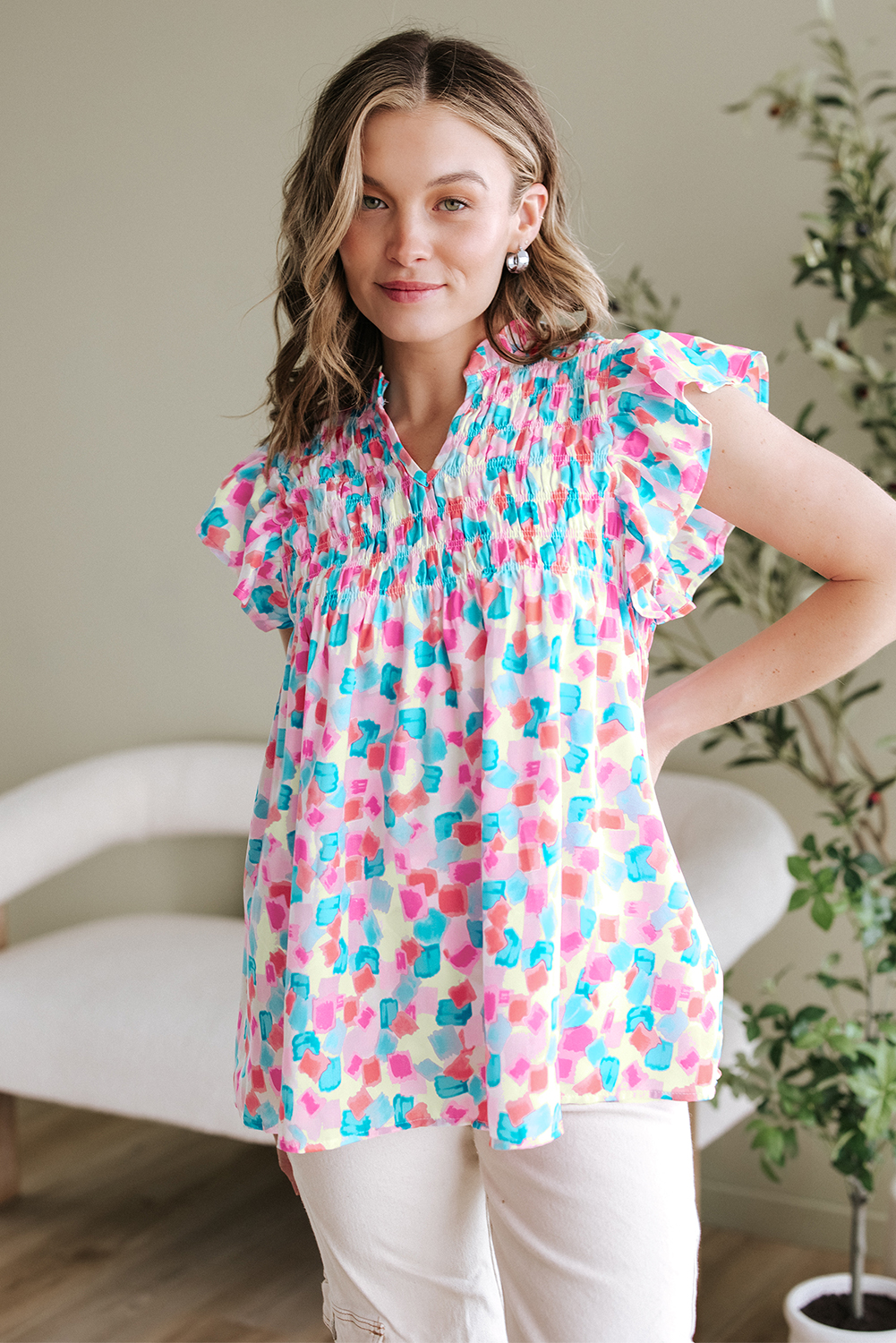 Sky Blue Shirred Yoke Ruffled Abstract Printed Blouse - loveforevers