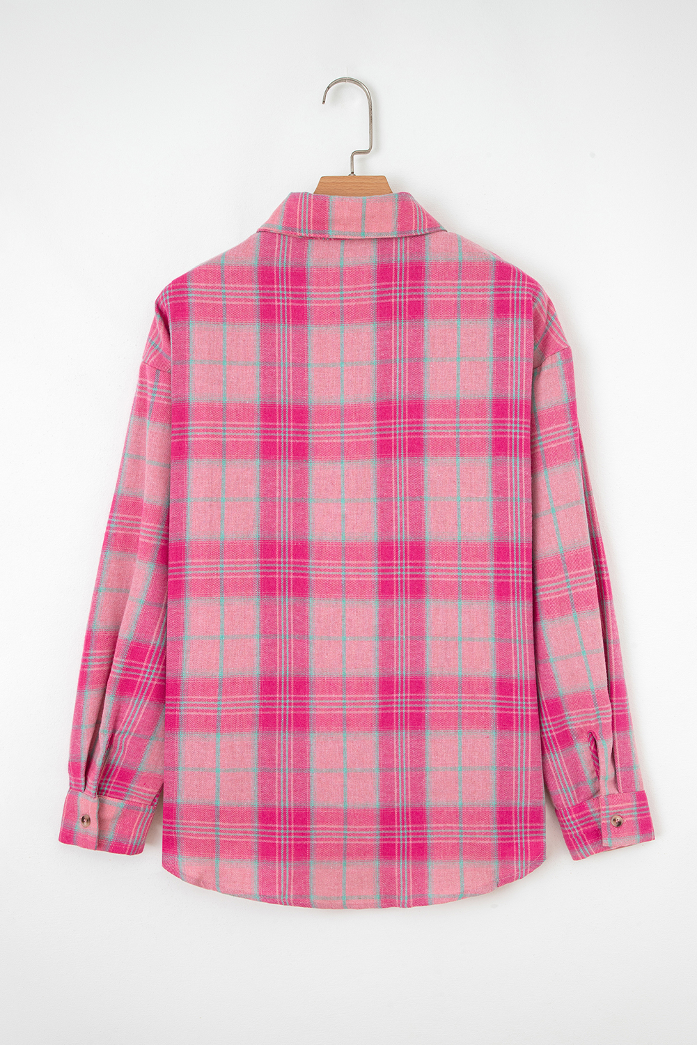 Sachet Pink Plaid Print Rounded Hem Long Sleeve Shirt with Pockets - loveforevers