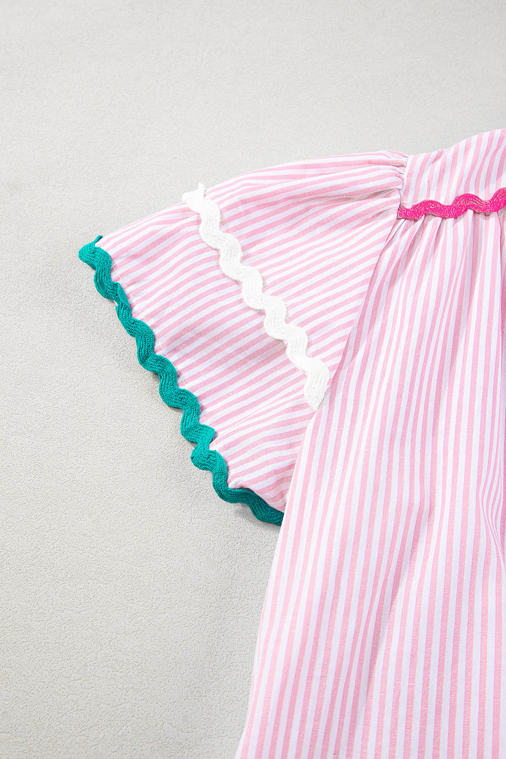 Sky Blue Stripe Ricrac Trim Split Neck Striped Ruffled Sleeve Blouse - loveforevers