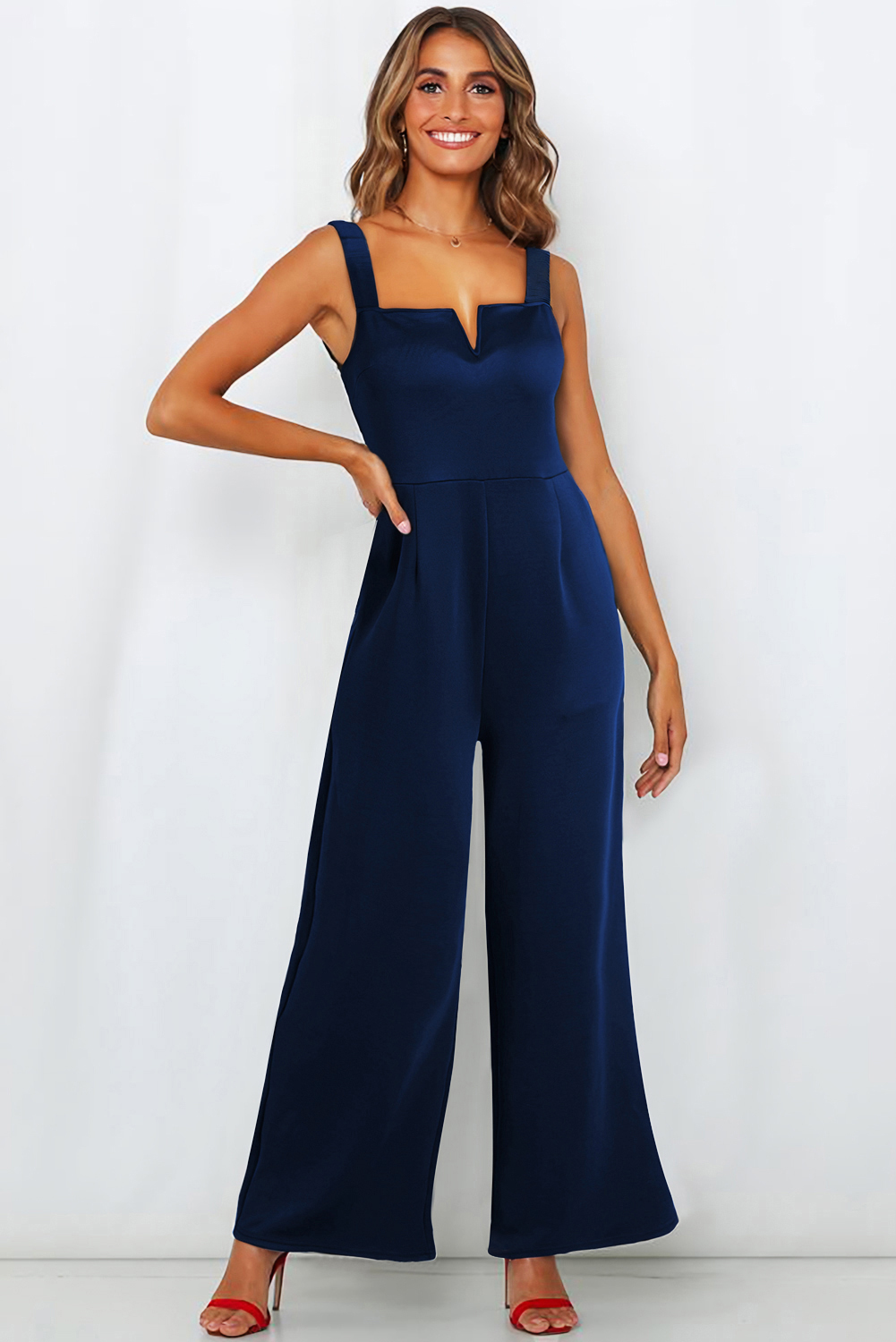 Blue Notched Neck Smocked Back Wide Leg Sleeveless Jumpsuit - loveforevers