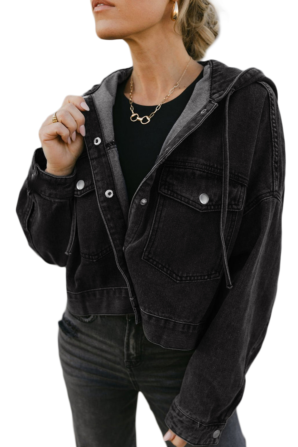 Black Big Chest Pocket Drop Shoulder Hooded Denim Jacket - loveforevers
