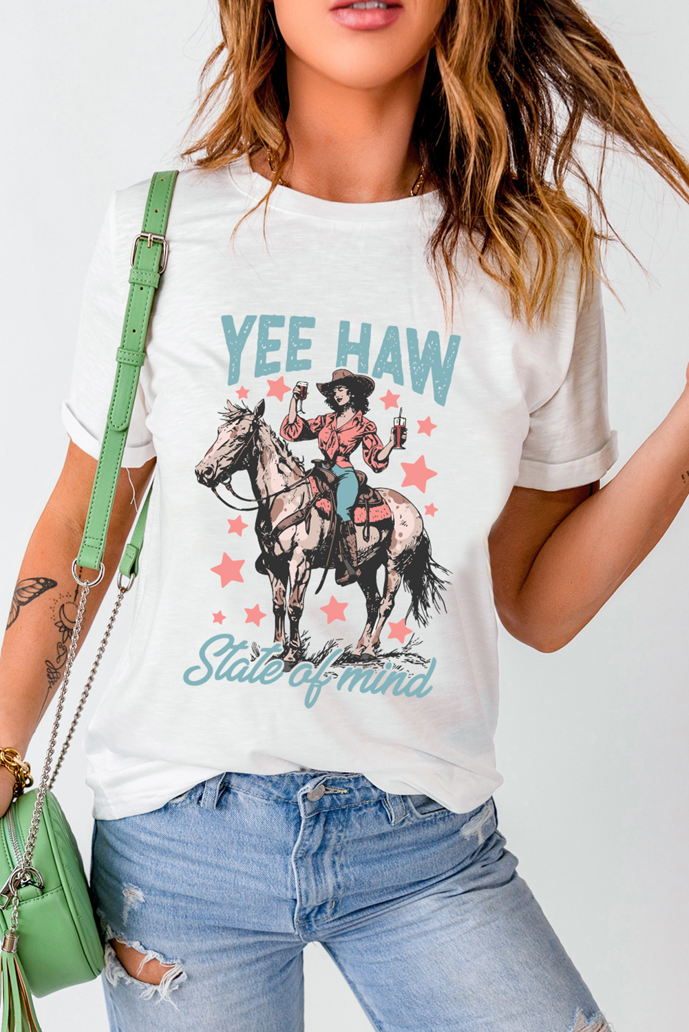 White YEE HAW State of  mind Cowgirl Graphic Western Fashion Tee - loveforevers