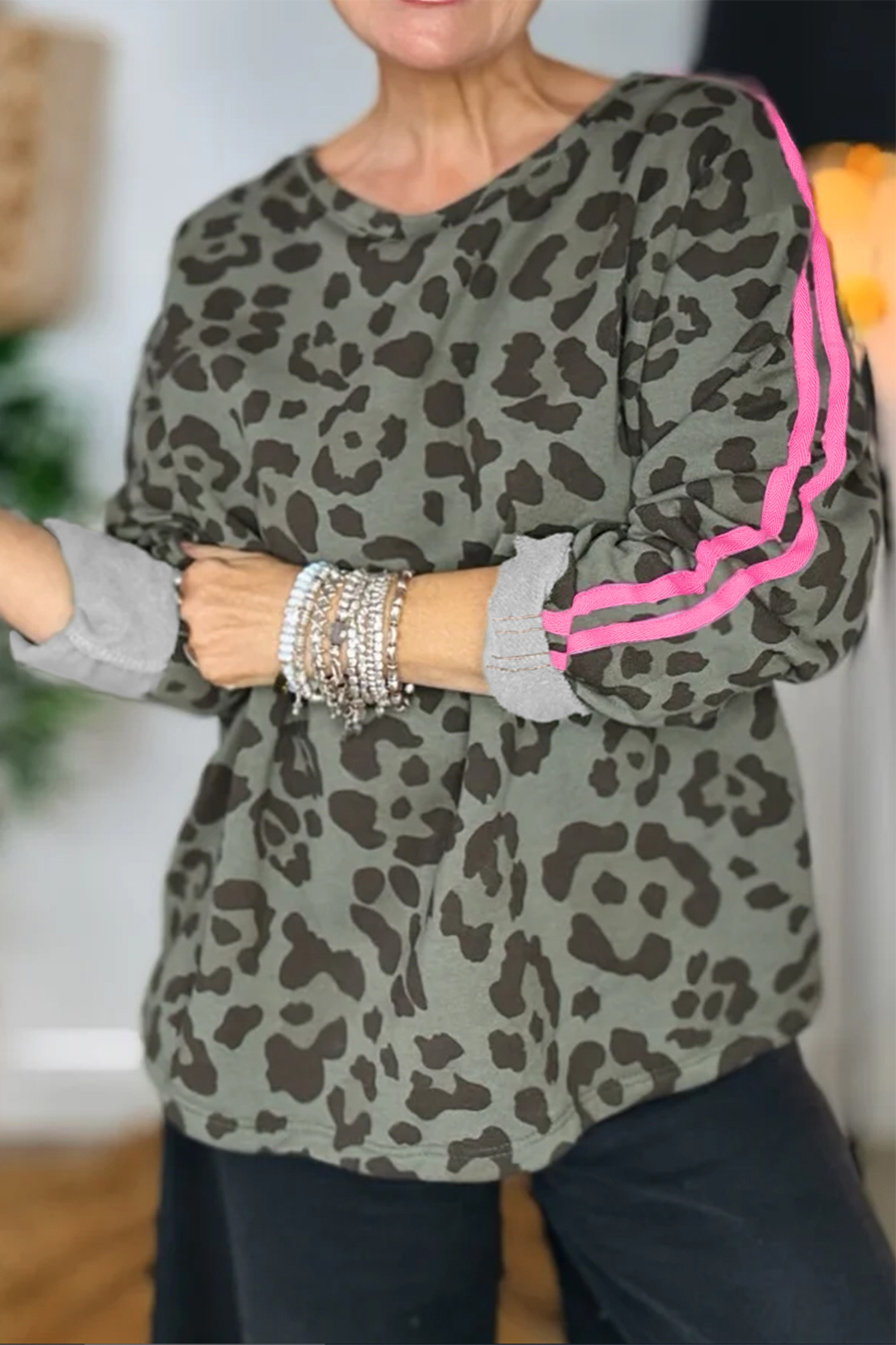 Gray Leopard Print Varsity Striped Trim Long Sleeve Top - loveforevers