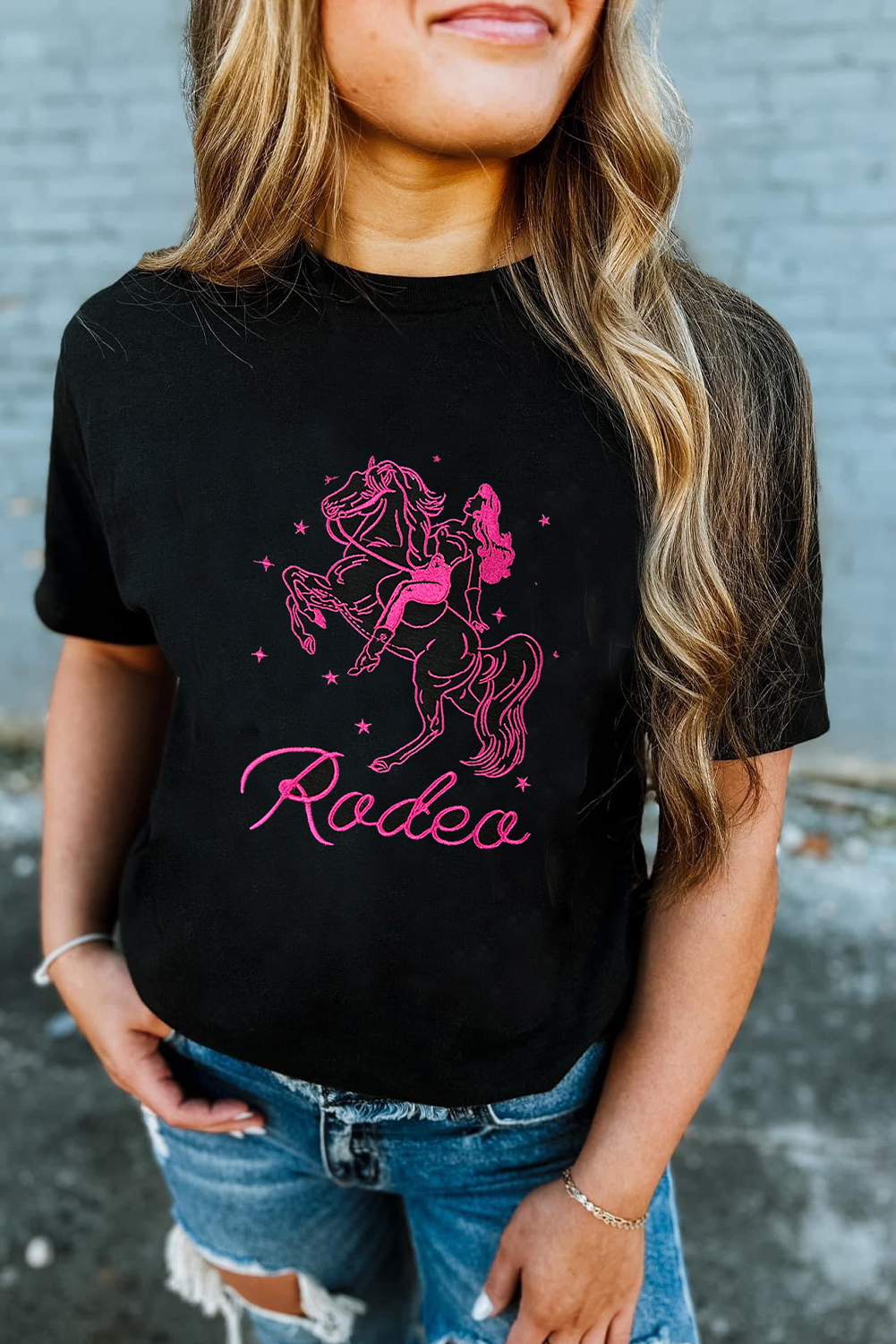 Black Cowgirl Rodeo Embroidered Pattern Western Fashion Tee - loveforevers
