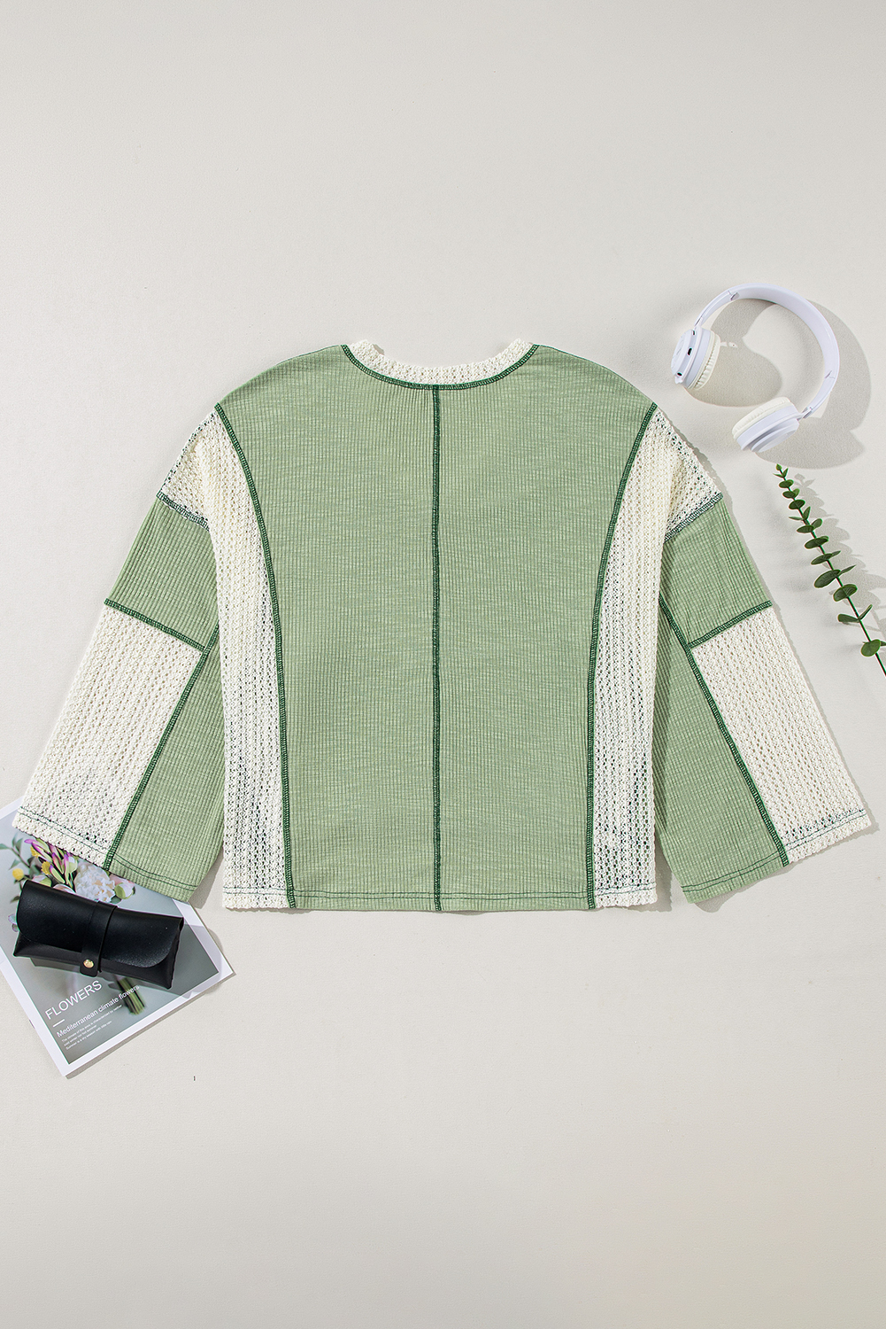 Grass Green Crochet Detail Exposed Seam High Low Loose Top - loveforevers