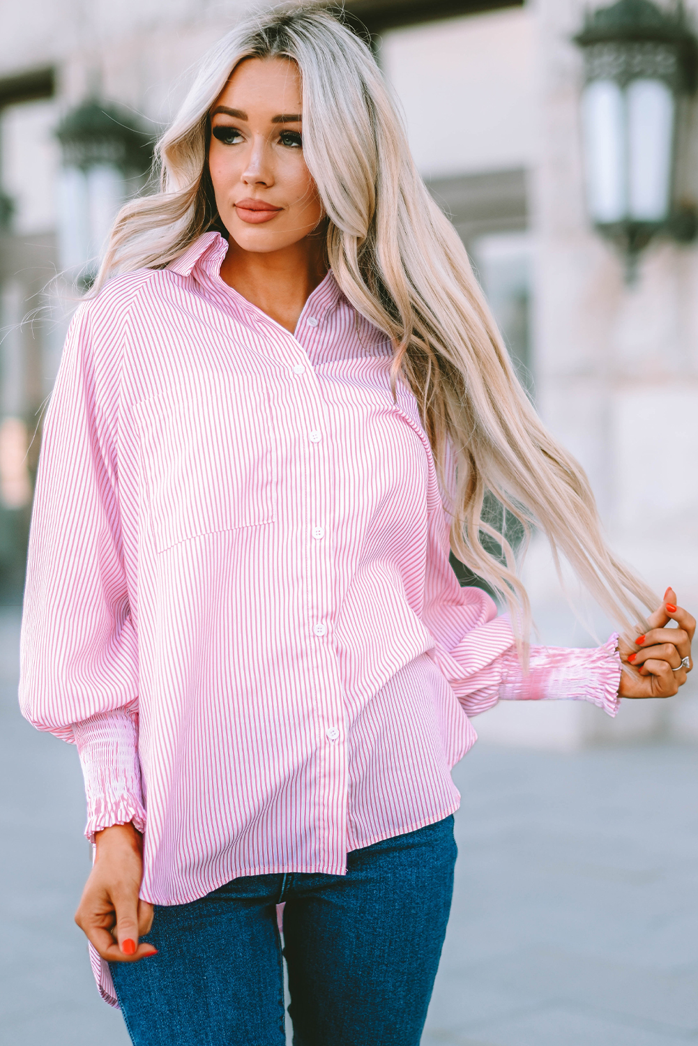 Red Stripe Smocked Cuffed Striped Boyfriend Shirt with Pocket - loveforevers