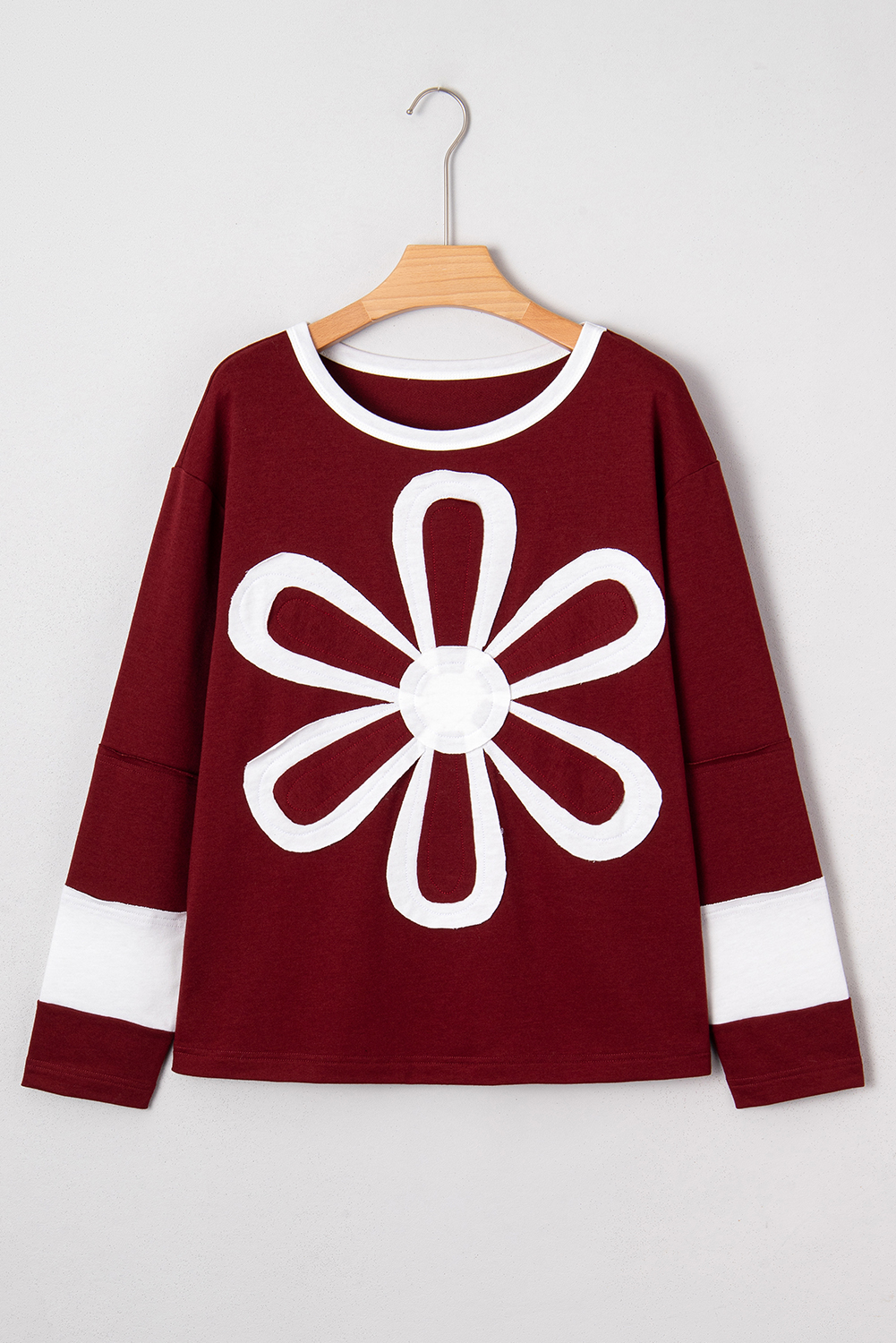 Red Dahlia Cheerful Daisy Flower Patched Round Neck Long Sleeve Top - loveforevers
