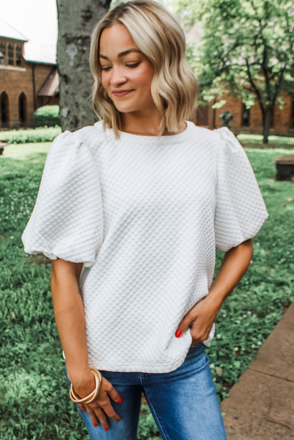 White Solid Textured O Neck Puff Sleeve Blouse - loveforevers