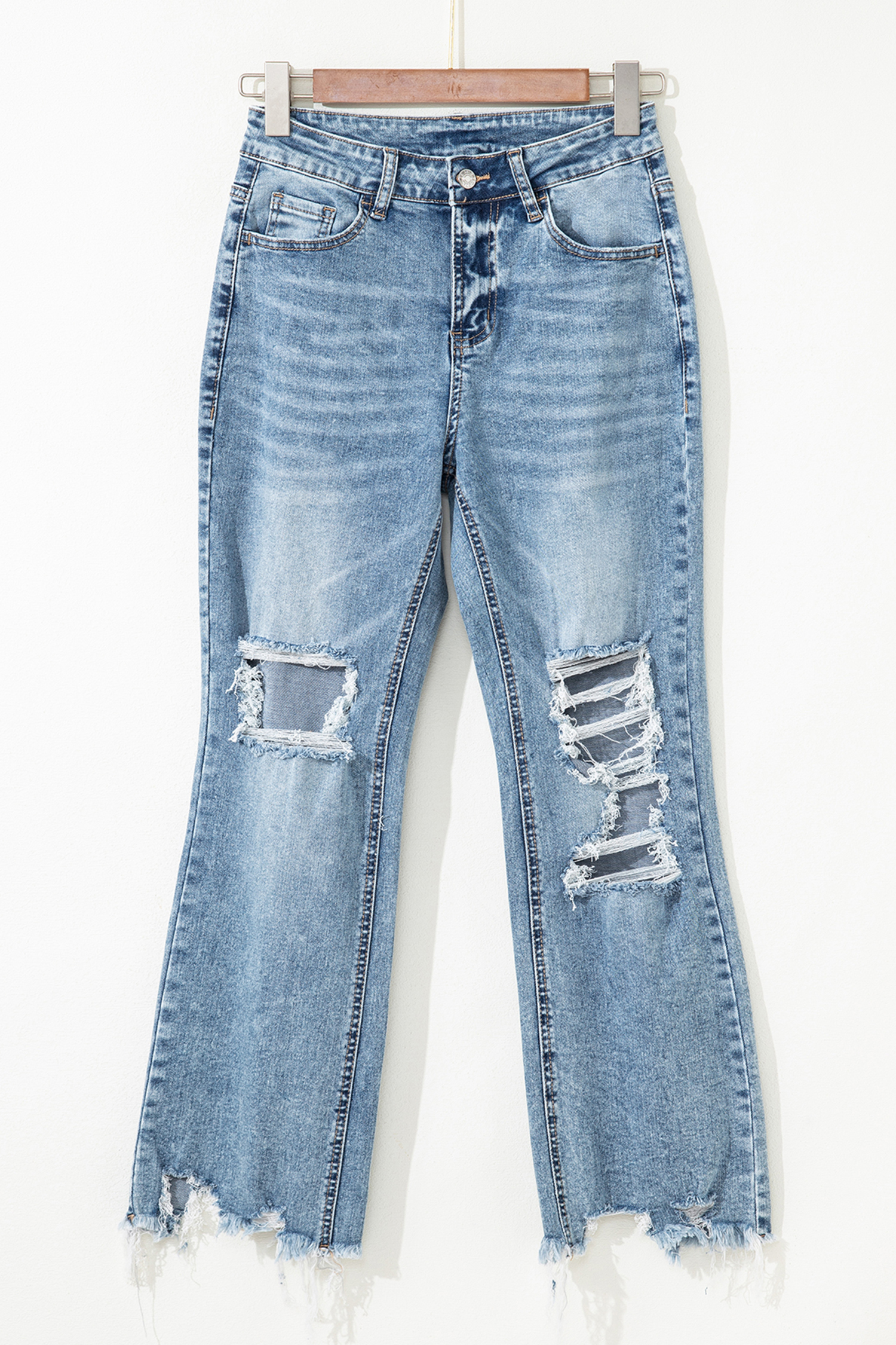Myosotis Raw Hem Ripped Open Knee Fit Flare Jeans - loveforevers