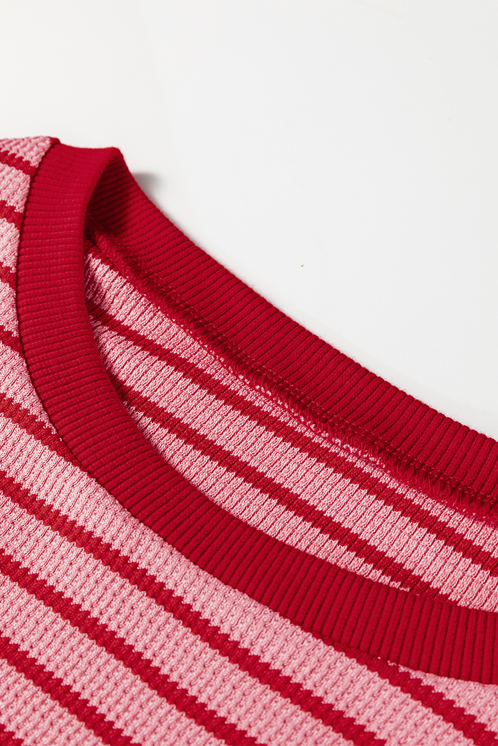 Pink Stripe Textured Round Neck Drop Shoulder Long Sleeve T Shirt - loveforevers
