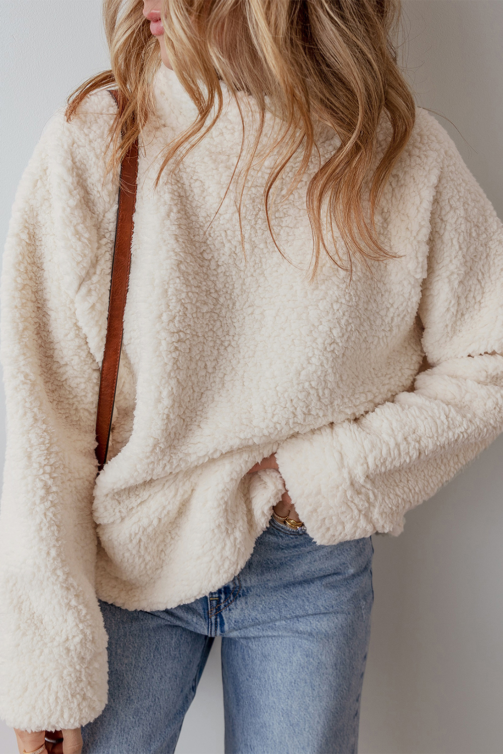 White Solid Fleece High Neck Drop Shoulder Pullover Sweatshirt - loveforevers