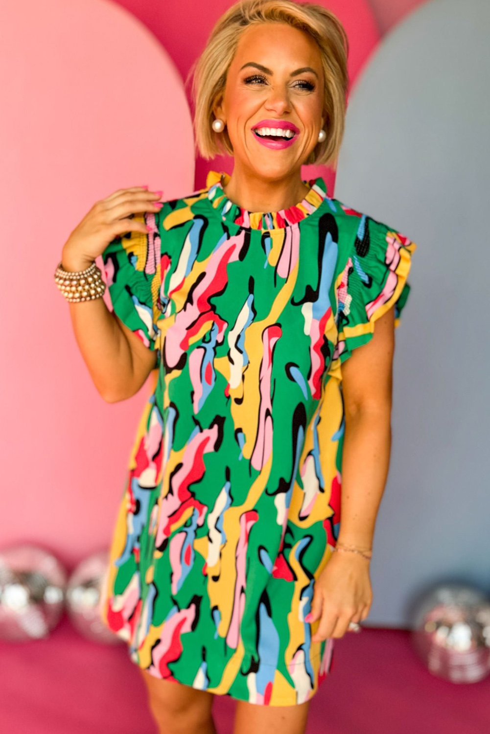 Green Abstract Print Frilled Neck Ruffled Sleeve Mini Dress - loveforevers