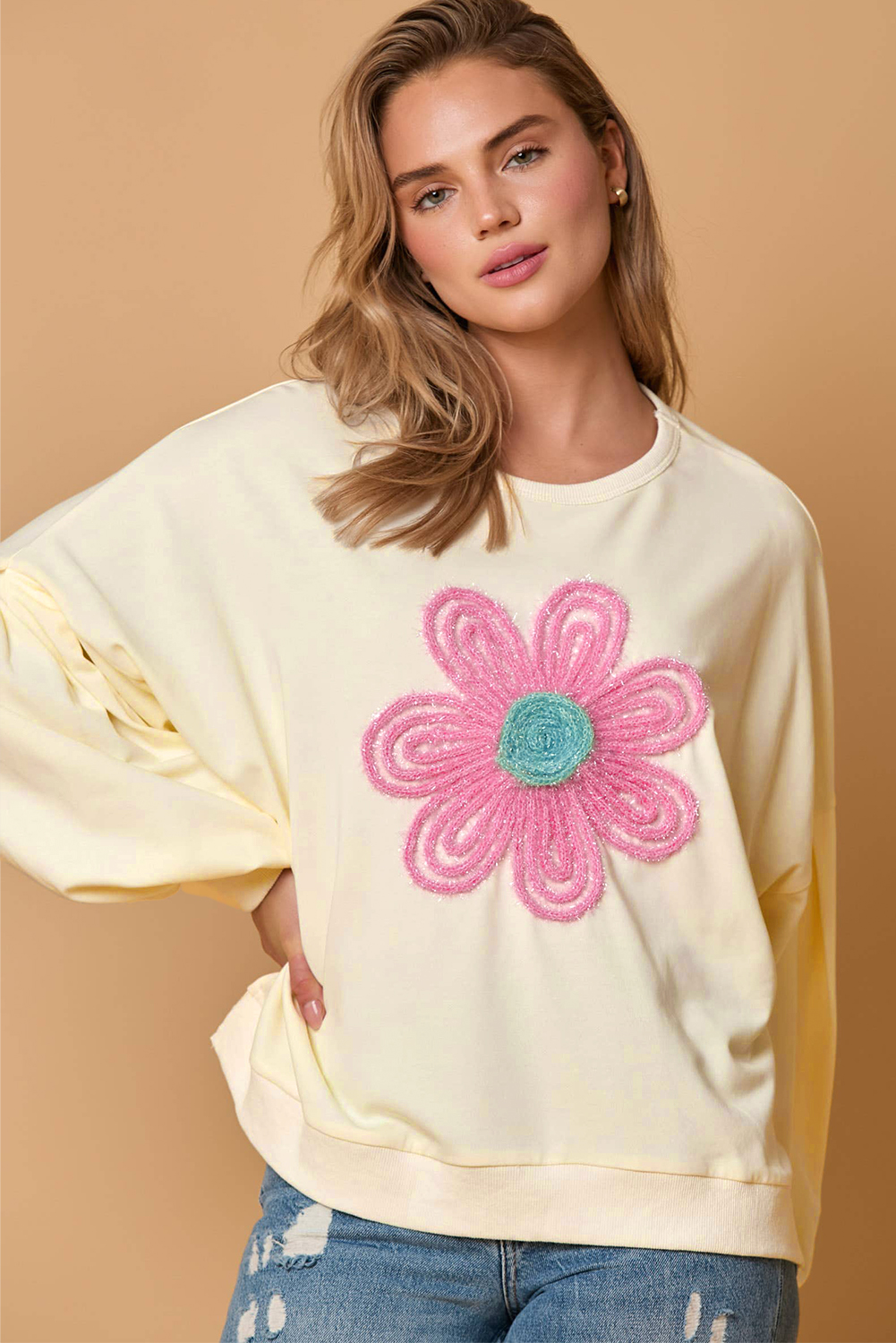 Beige Tinsel Flower Dropped Puff Sleeve Sweatshirt - loveforevers