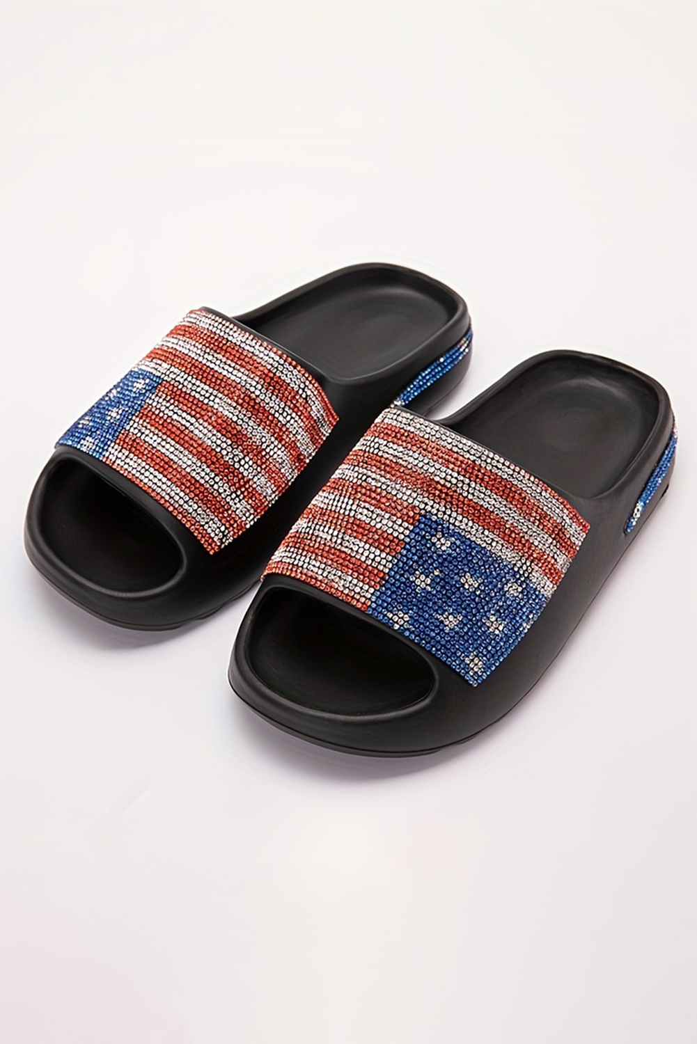 Black Rhinestone American Flag Thick Sole Slippers - loveforevers