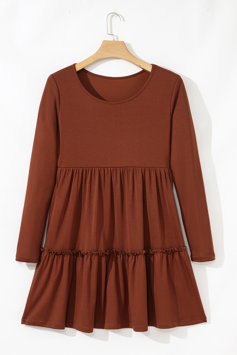 Straw Yellow Ribbed Frilled Trim High Waist Long Sleeve Mini Dress - loveforevers
