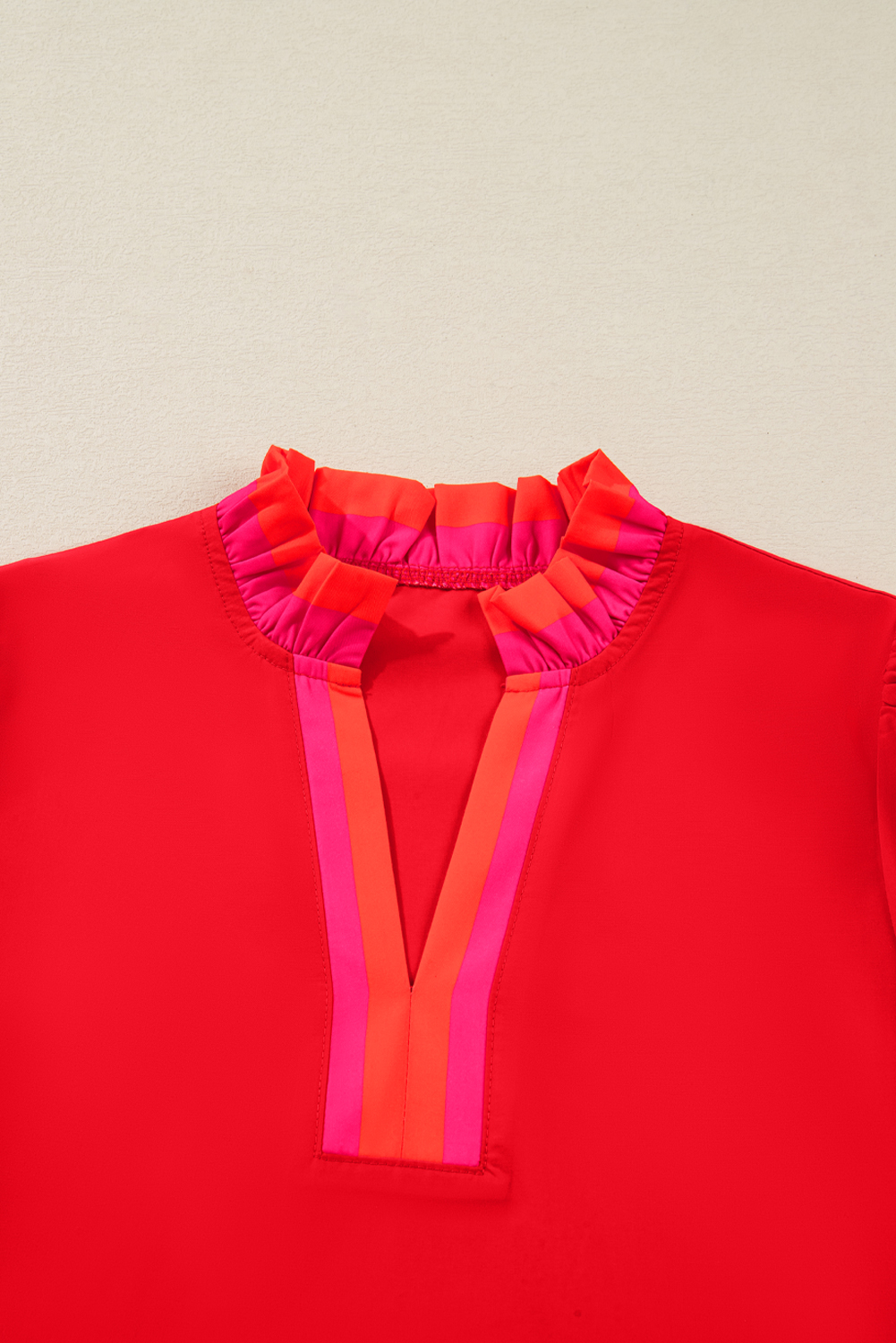 Four Leaf Clover Striped Trim Ruffle Split Neck Long Sleeve Blouse - loveforevers