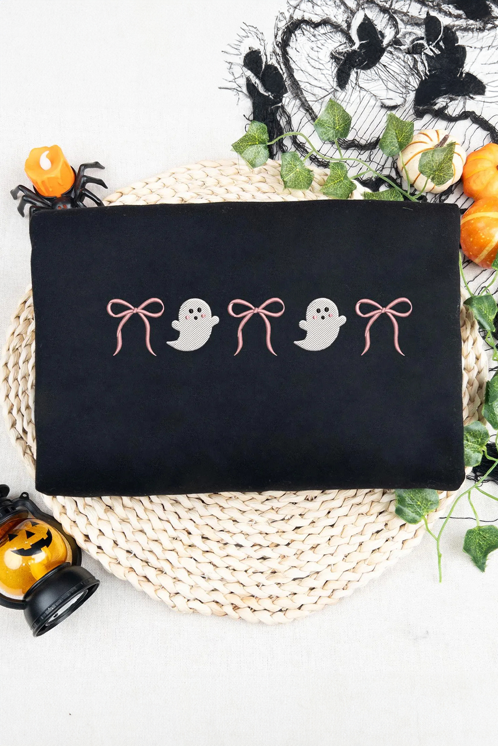 Black Halloween Ghost Bow Embroidered Loose T Shirt - loveforevers